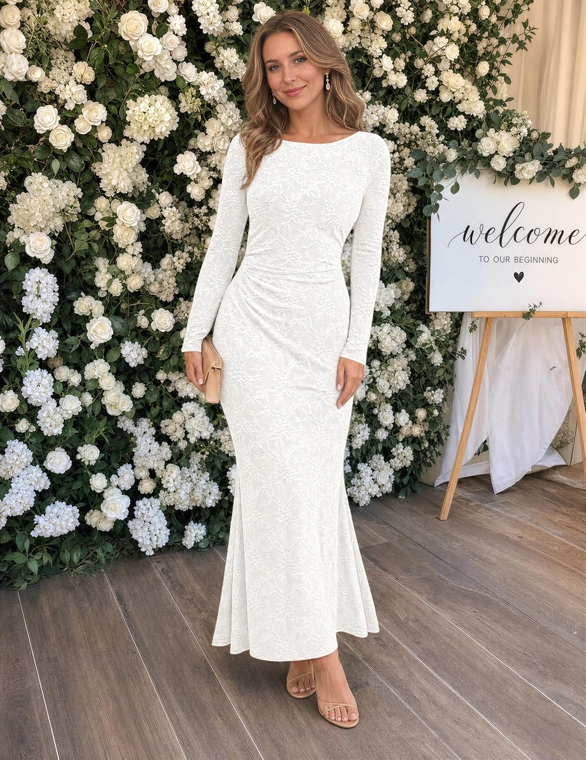 image:imageMEROKEETY Womens Fall Wedding Guest Bodycon Floral Maxi Dresses Long Sleeve Ruched Formal Elegant Cocktail Party Boat Neck Lace Jacquard Knit Mermaid Hem Sheer Sleeves Long DressWhite