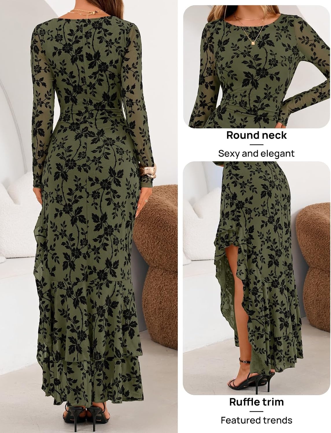 image:imageMEROKEETY Womens Fall Wedding Guest Cocktail Maxi Dresses Long Sleeve Floral Boat Neck Bodycon Asymmetric Ruffle Hem Mesh Sexy High Slit Floor Length 2026 Formal Long DressArmy Green