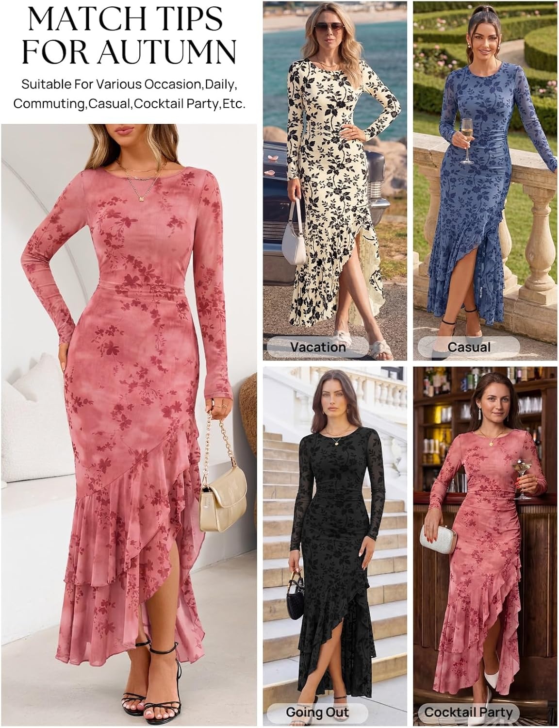 image:imageMEROKEETY Womens Fall Wedding Guest Cocktail Maxi Dresses Long Sleeve Floral Boat Neck Bodycon Asymmetric Ruffle Hem Mesh Sexy High Slit Floor Length 2026 Formal Long DressPink