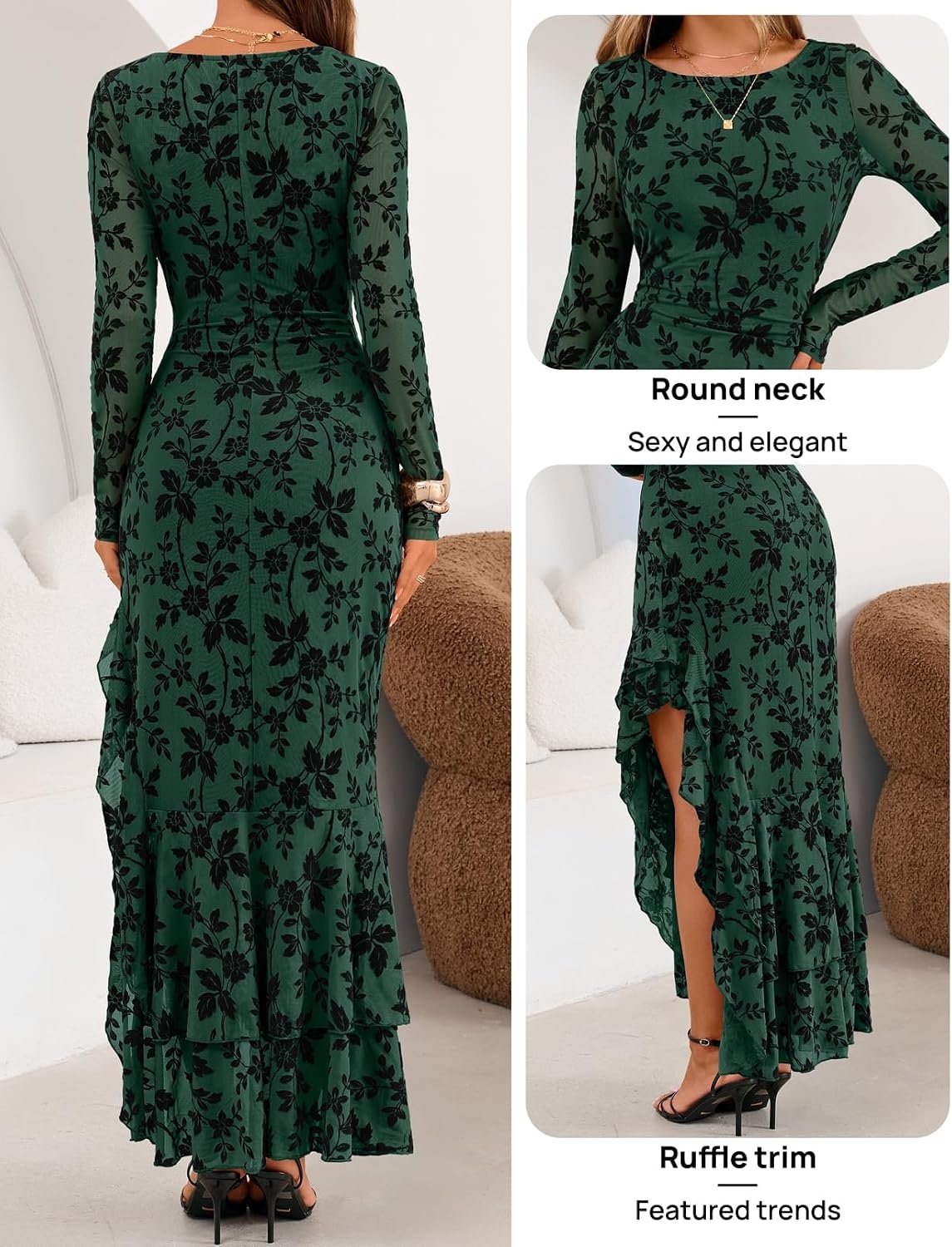 image:imageMEROKEETY Womens Fall Wedding Guest Cocktail Maxi Dresses Long Sleeve Floral Boat Neck Bodycon Asymmetric Ruffle Hem Mesh Sexy High Slit Floor Length 2026 Formal Long DressDark Green