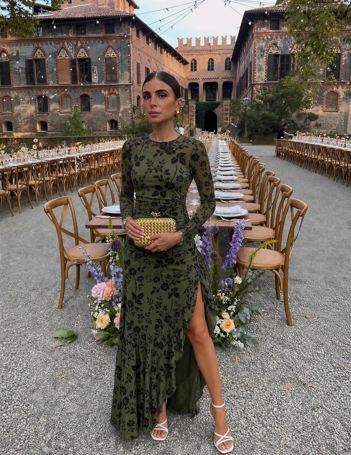 image:imageMEROKEETY Womens Fall Wedding Guest Cocktail Maxi Dresses Long Sleeve Floral Boat Neck Bodycon Asymmetric Ruffle Hem Mesh Sexy High Slit Floor Length 2026 Formal Long DressArmy Green