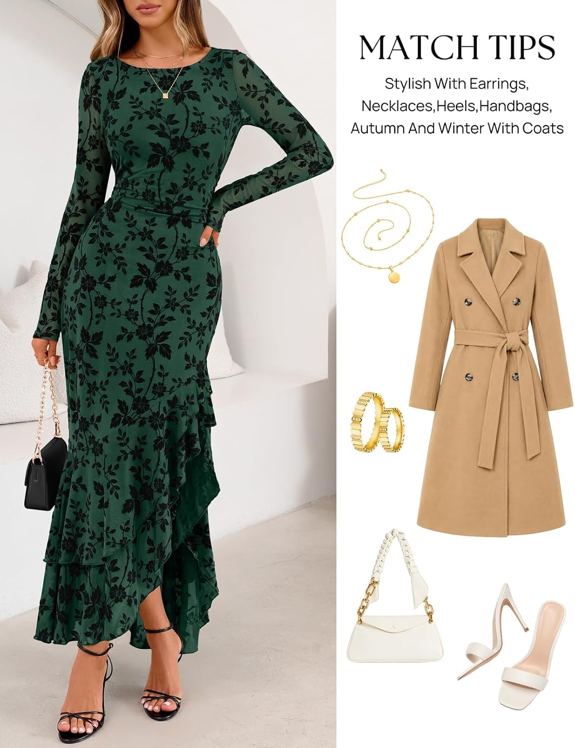 image:imageMEROKEETY Womens Fall Wedding Guest Cocktail Maxi Dresses Long Sleeve Floral Boat Neck Bodycon Asymmetric Ruffle Hem Mesh Sexy High Slit Floor Length 2026 Formal Long DressDark Green