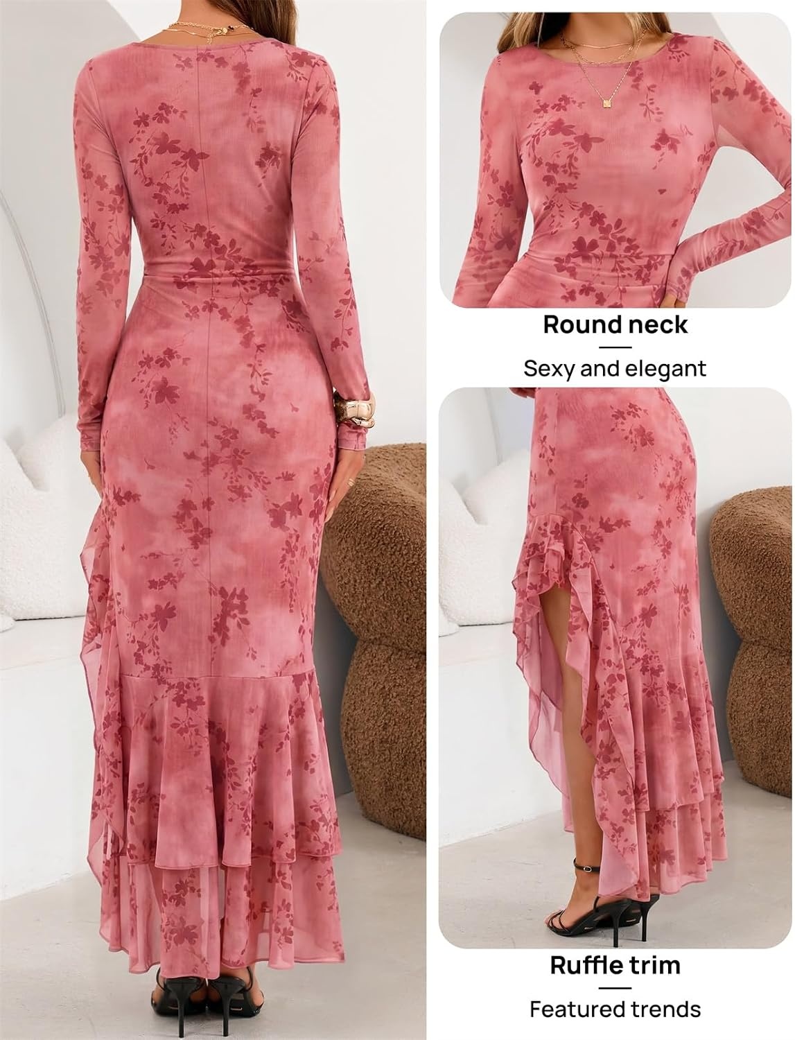 image:imageMEROKEETY Womens Fall Wedding Guest Cocktail Maxi Dresses Long Sleeve Floral Boat Neck Bodycon Asymmetric Ruffle Hem Mesh Sexy High Slit Floor Length 2026 Formal Long DressPink