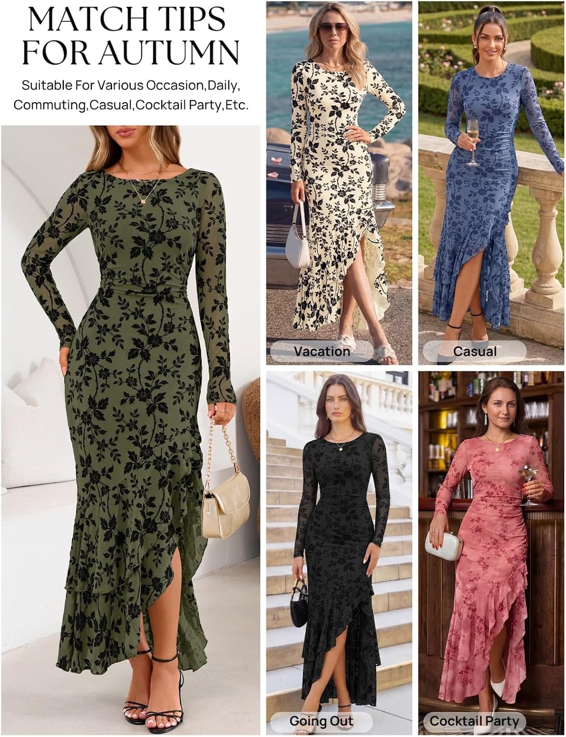image:imageMEROKEETY Womens Fall Wedding Guest Cocktail Maxi Dresses Long Sleeve Floral Boat Neck Bodycon Asymmetric Ruffle Hem Mesh Sexy High Slit Floor Length 2026 Formal Long DressArmy Green