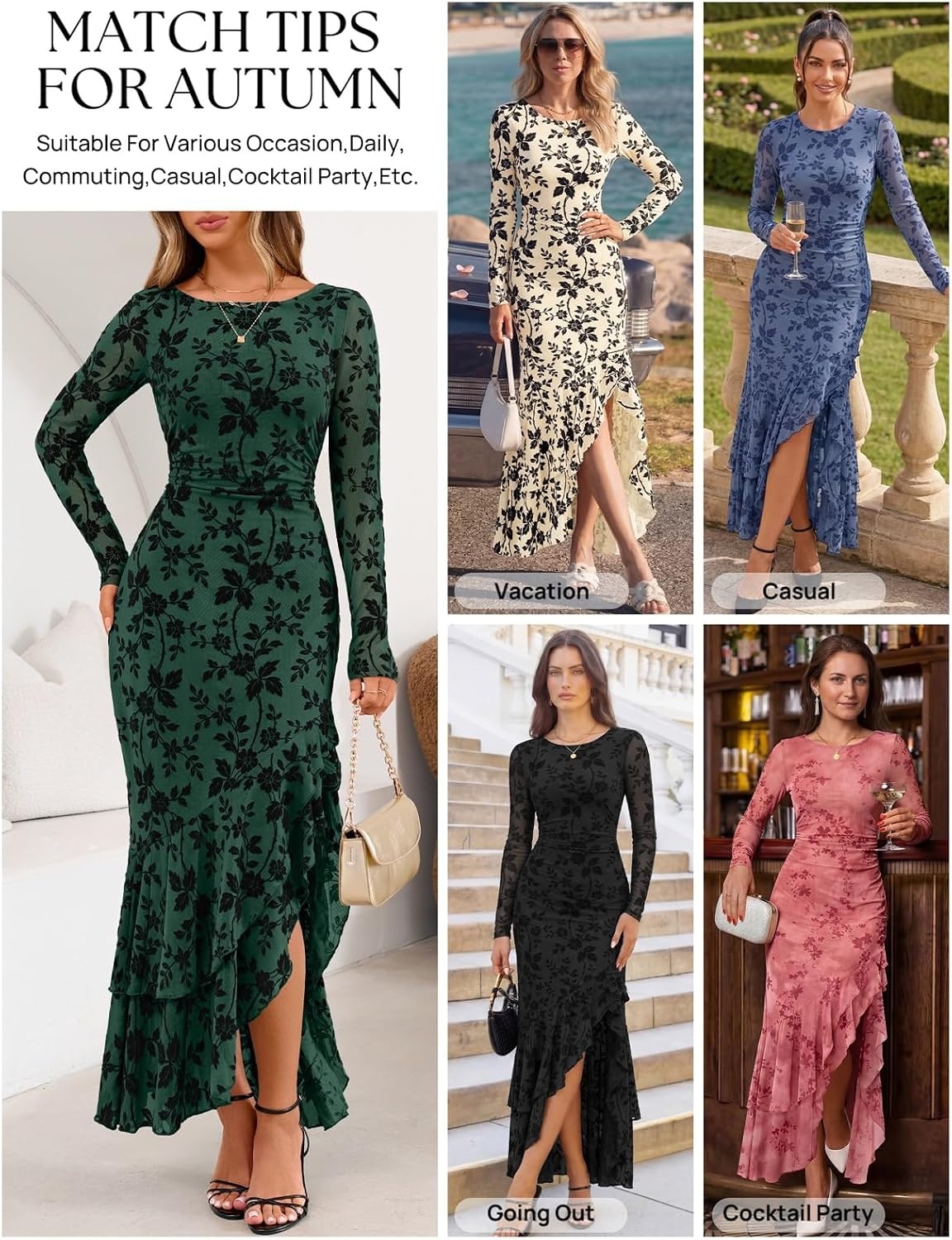 image:imageMEROKEETY Womens Fall Wedding Guest Cocktail Maxi Dresses Long Sleeve Floral Boat Neck Bodycon Asymmetric Ruffle Hem Mesh Sexy High Slit Floor Length 2026 Formal Long DressDark Green