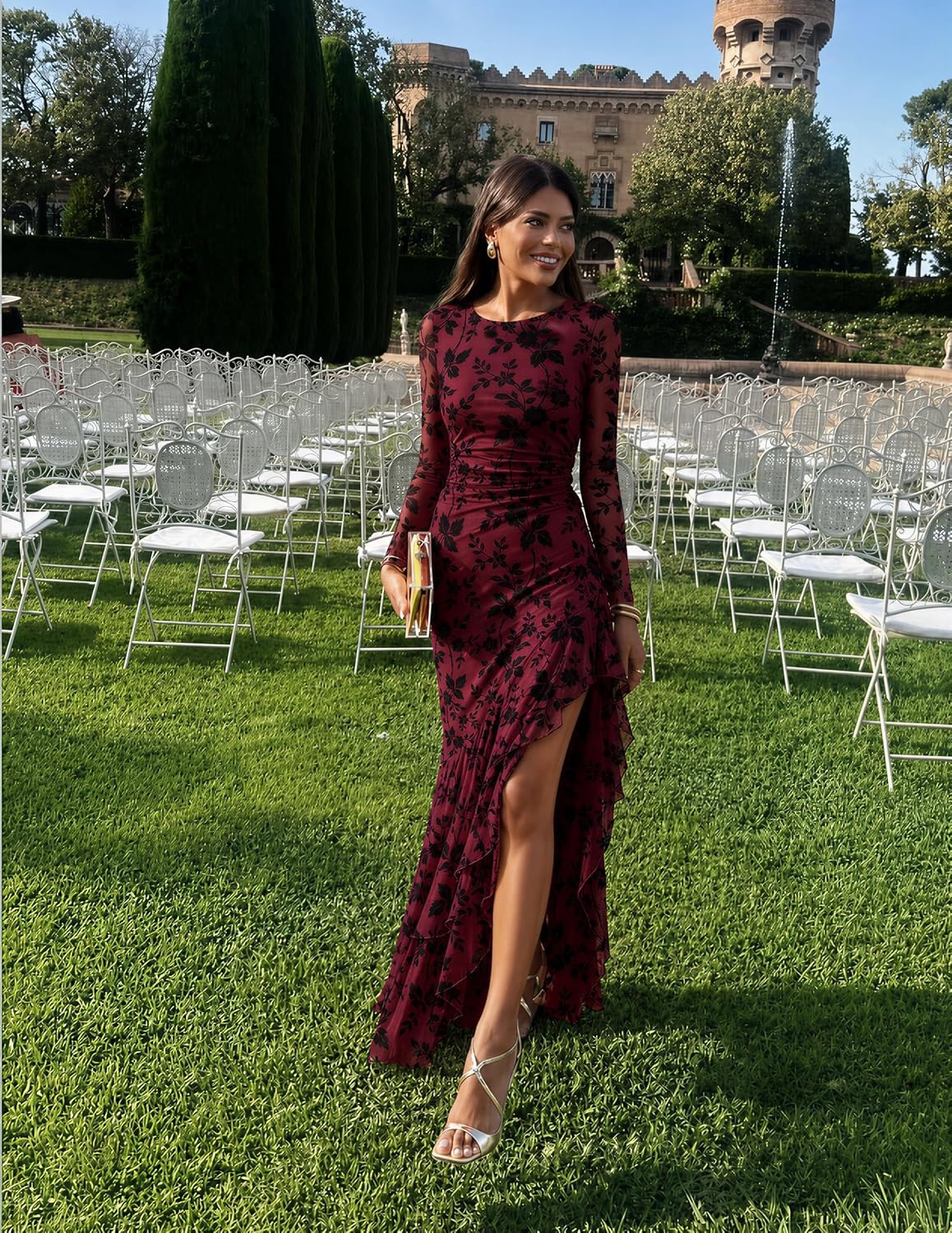 image:imageMEROKEETY Womens Fall Wedding Guest Cocktail Maxi Dresses Long Sleeve Floral Boat Neck Bodycon Asymmetric Ruffle Hem Mesh Sexy High Slit Floor Length 2026 Formal Long DressWine
