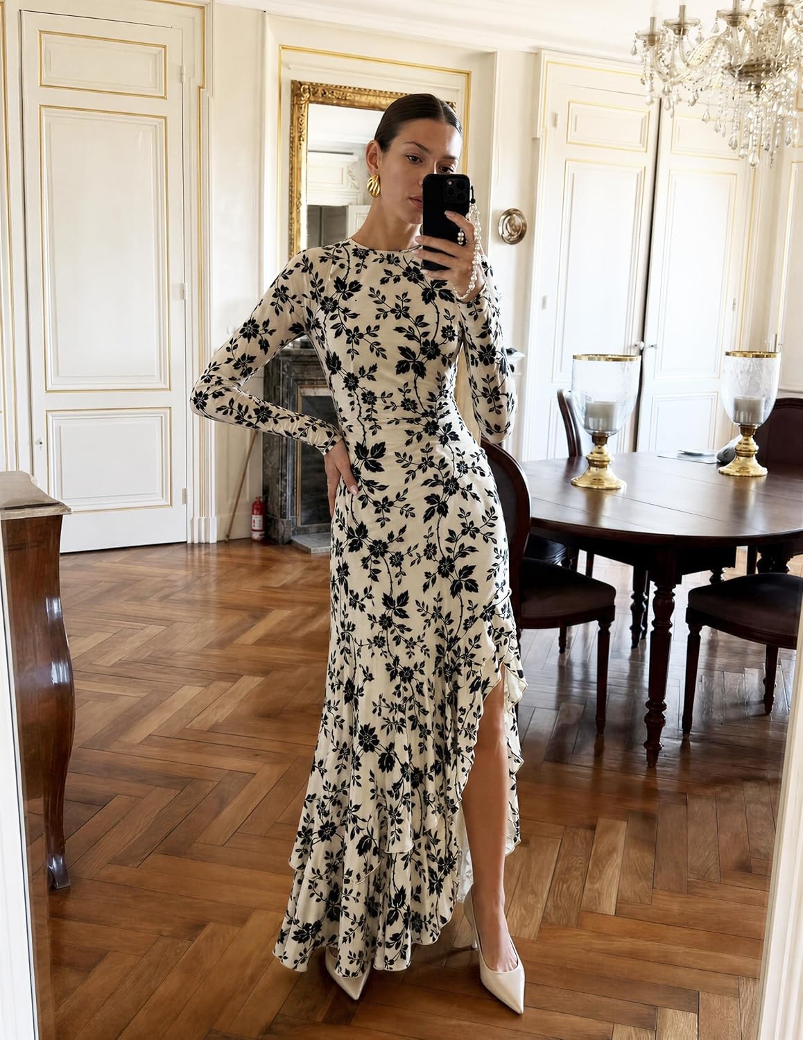 image:imageMEROKEETY Womens Fall Wedding Guest Cocktail Maxi Dresses Long Sleeve Floral Boat Neck Bodycon Asymmetric Ruffle Hem Mesh Sexy High Slit Floor Length 2026 Formal Long DressApricot