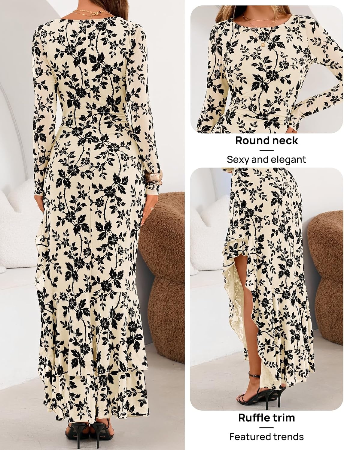 image:imageMEROKEETY Womens Fall Wedding Guest Cocktail Maxi Dresses Long Sleeve Floral Boat Neck Bodycon Asymmetric Ruffle Hem Mesh Sexy High Slit Floor Length 2026 Formal Long DressApricot