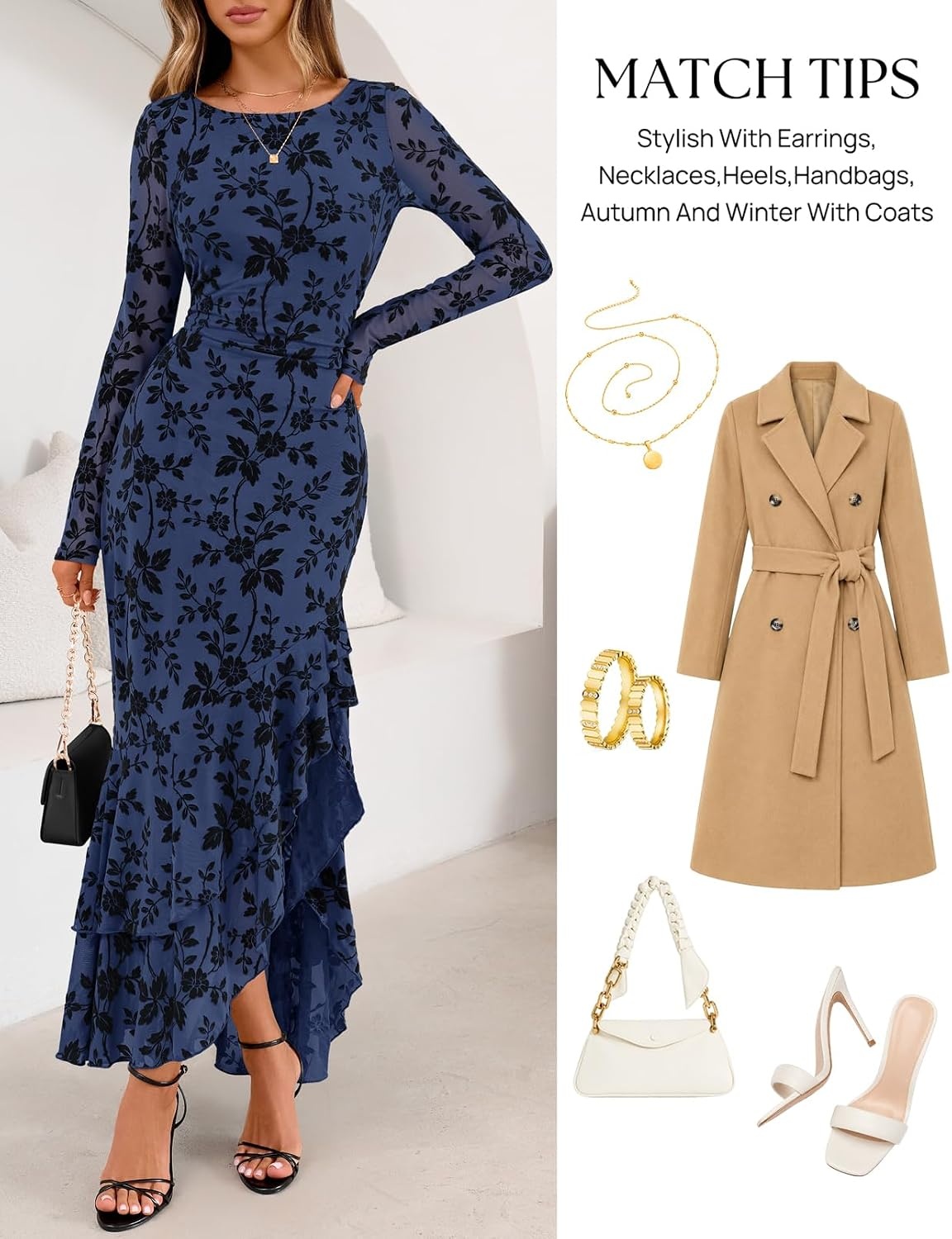 image:imageMEROKEETY Womens Fall Wedding Guest Cocktail Maxi Dresses Long Sleeve Floral Boat Neck Bodycon Asymmetric Ruffle Hem Mesh Sexy High Slit Floor Length 2026 Formal Long DressNavy