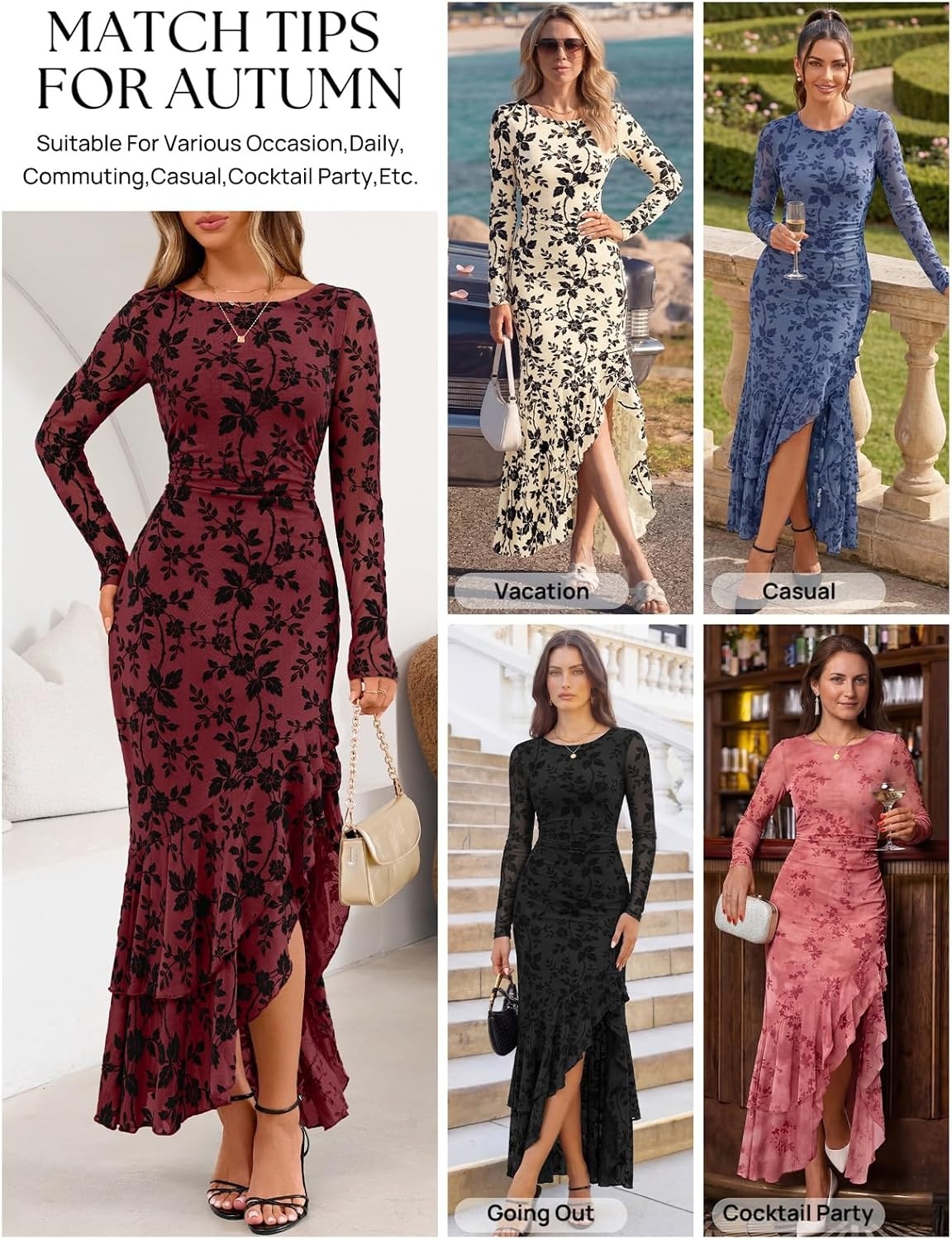image:imageMEROKEETY Womens Fall Wedding Guest Cocktail Maxi Dresses Long Sleeve Floral Boat Neck Bodycon Asymmetric Ruffle Hem Mesh Sexy High Slit Floor Length 2026 Formal Long DressWine