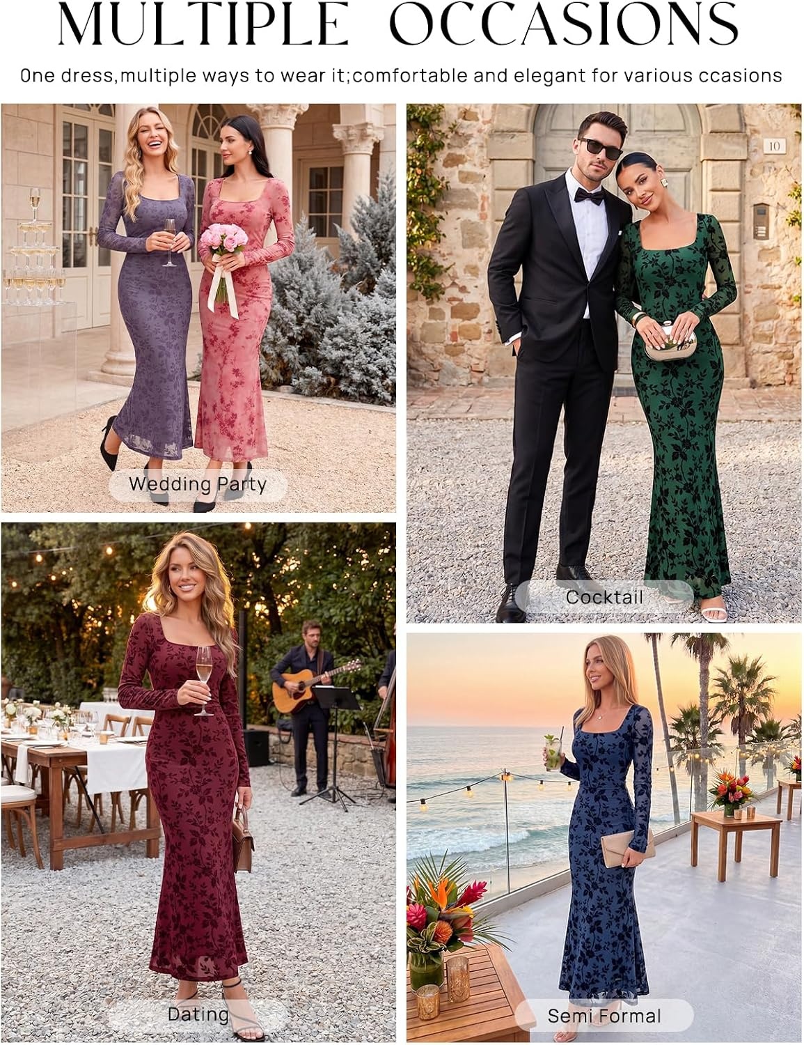 image:imageMEROKEETY Womens Fall Wedding Guest Long Sleeve Floral Mesh Maxi Dress 2026 Formal Square Neck Bodycon Fitted Ruched Flocked Fabric Church Baby Shower Bridal Shower Cocktail Party Long DressDarkgreen