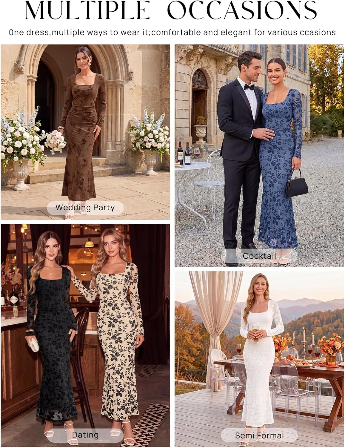 image:imageMEROKEETY Womens Fall Wedding Guest Long Sleeve Floral Mesh Maxi Dress 2026 Formal Square Neck Bodycon Fitted Ruched Flocked Fabric Church Baby Shower Bridal Shower Cocktail Party Long DressBlack