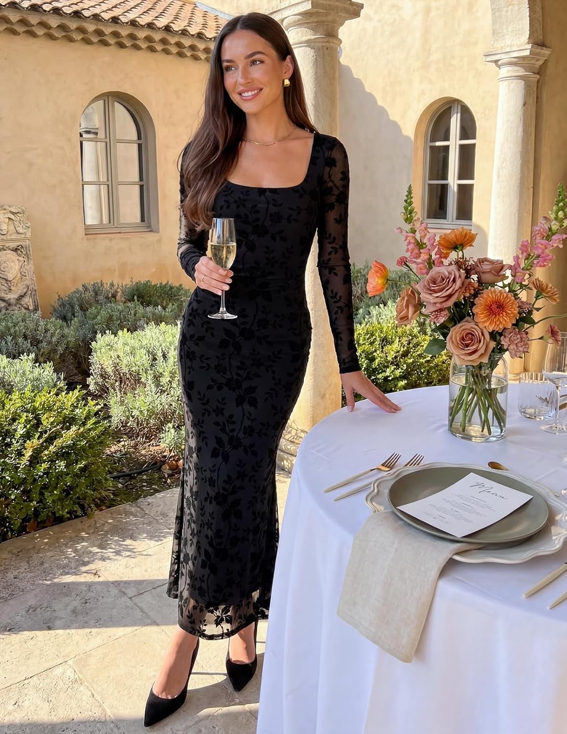 image:imageMEROKEETY Womens Fall Wedding Guest Long Sleeve Floral Mesh Maxi Dress 2026 Formal Square Neck Bodycon Fitted Ruched Flocked Fabric Church Baby Shower Bridal Shower Cocktail Party Long DressBlack