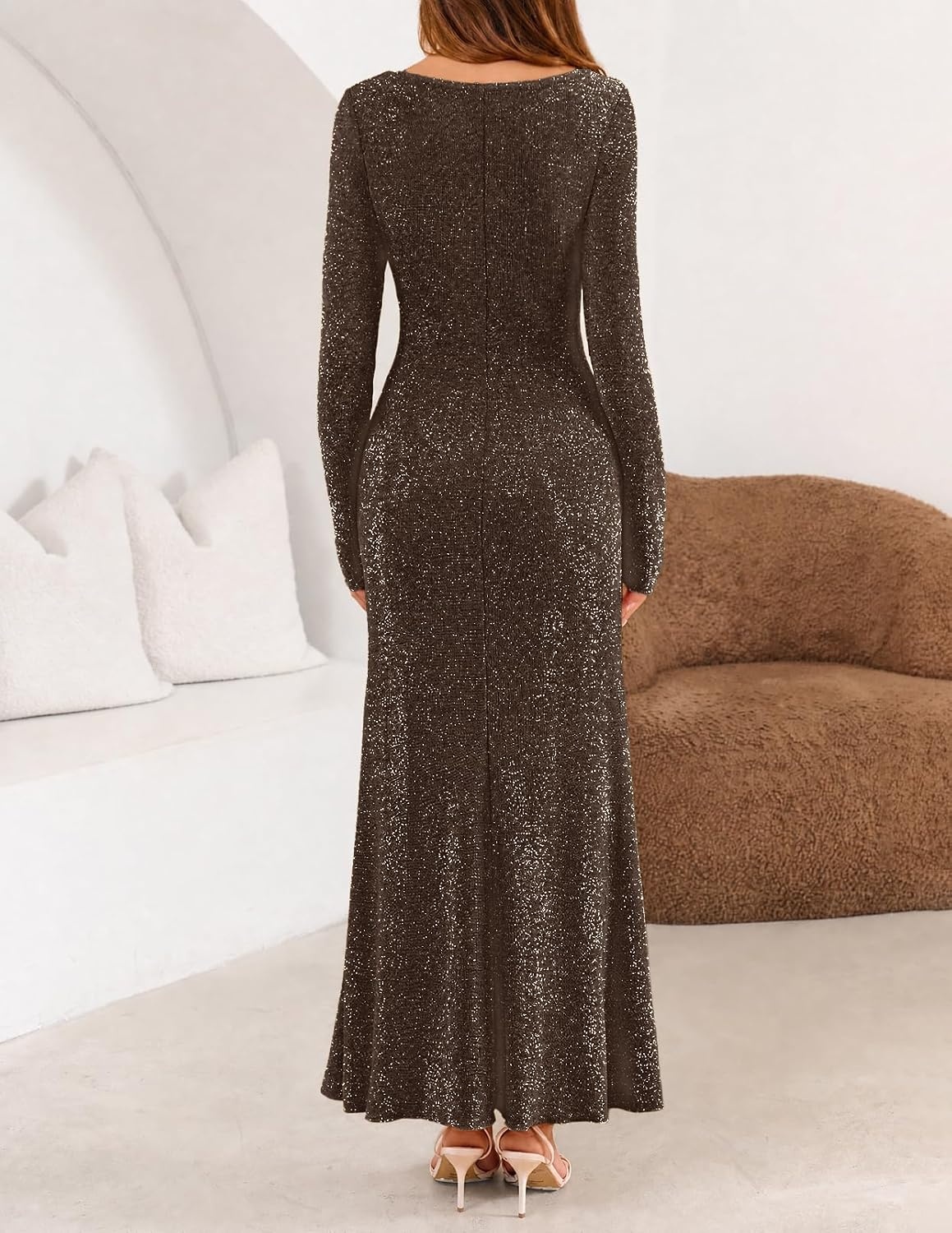 image:imageMEROKEETY Womens Fall Wedding Guest Long Sleeve Sparkly Bodycon Maxi Dress Long Sleeve Ruched Square Neck Fitted Mermaid Hem Glitter Cocktail Party Elegant Evening Gown Prom Long DressesCoffee