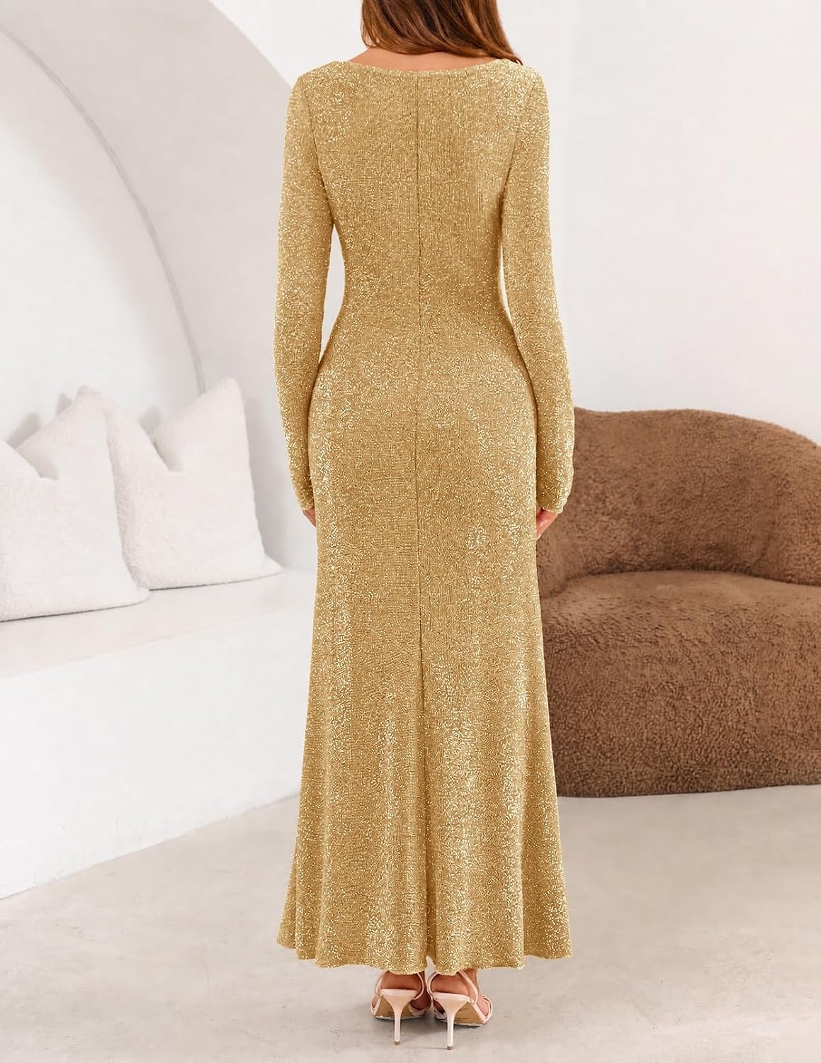 image:imageMEROKEETY Womens Fall Wedding Guest Long Sleeve Sparkly Bodycon Maxi Dress Long Sleeve Ruched Square Neck Fitted Mermaid Hem Glitter Cocktail Party Elegant Evening Gown Prom Long DressesGold