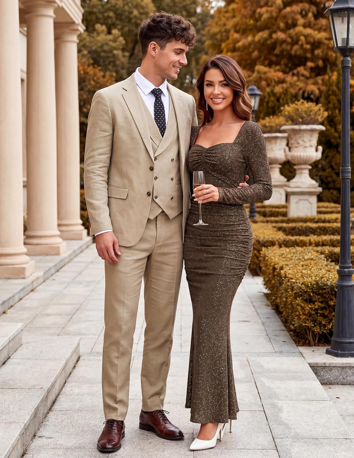 image:imageMEROKEETY Womens Fall Wedding Guest Long Sleeve Sparkly Bodycon Maxi Dress Long Sleeve Ruched Square Neck Fitted Mermaid Hem Glitter Cocktail Party Elegant Evening Gown Prom Long DressesCoffee