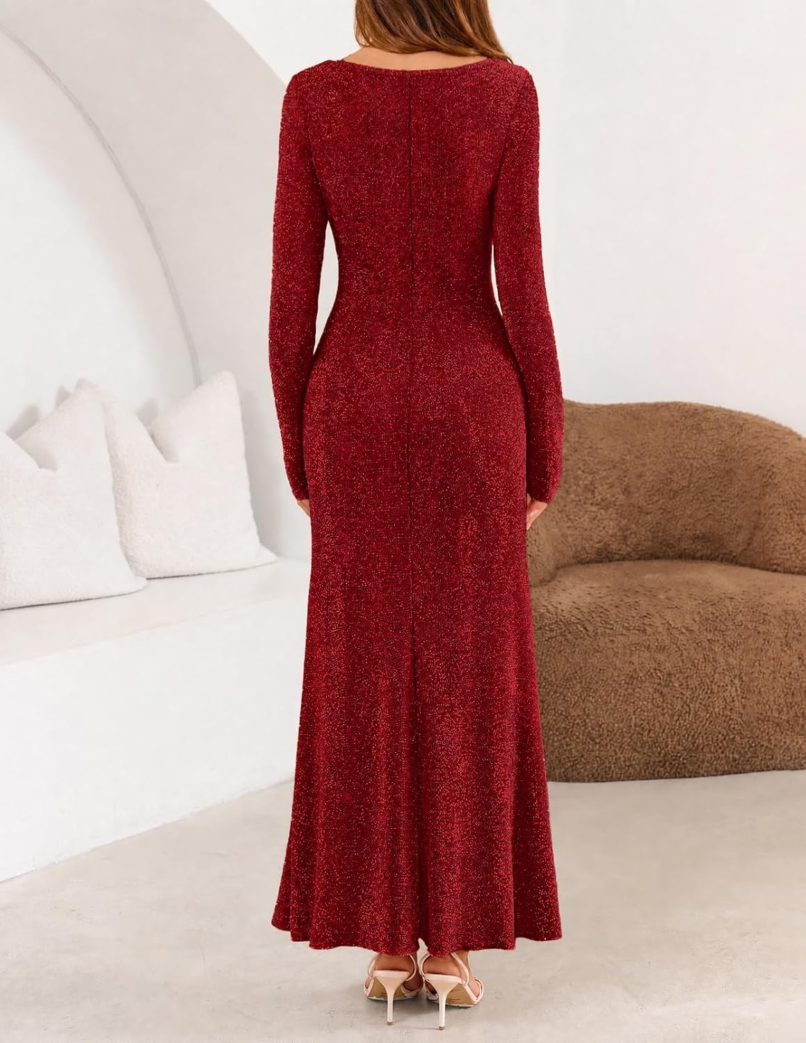 image:imageMEROKEETY Womens Fall Wedding Guest Long Sleeve Sparkly Bodycon Maxi Dress Long Sleeve Ruched Square Neck Fitted Mermaid Hem Glitter Cocktail Party Elegant Evening Gown Prom Long DressesWine