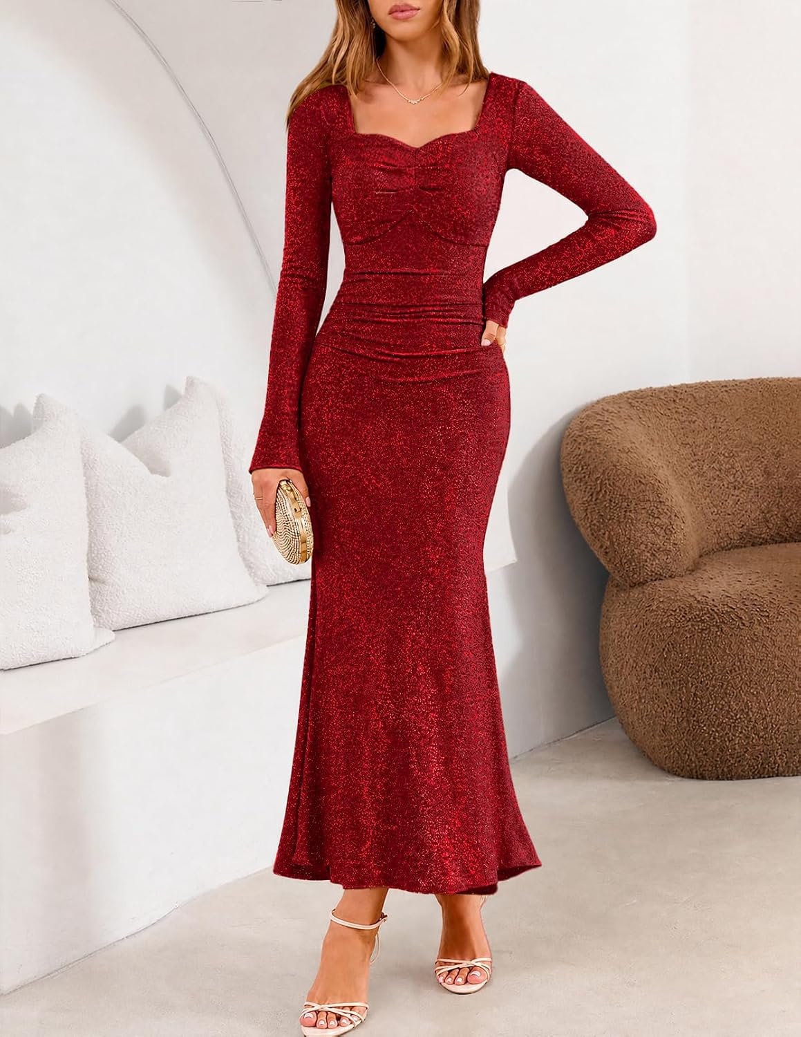 image:imageMEROKEETY Womens Fall Wedding Guest Long Sleeve Sparkly Bodycon Maxi Dress Long Sleeve Ruched Square Neck Fitted Mermaid Hem Glitter Cocktail Party Elegant Evening Gown Prom Long DressesWine