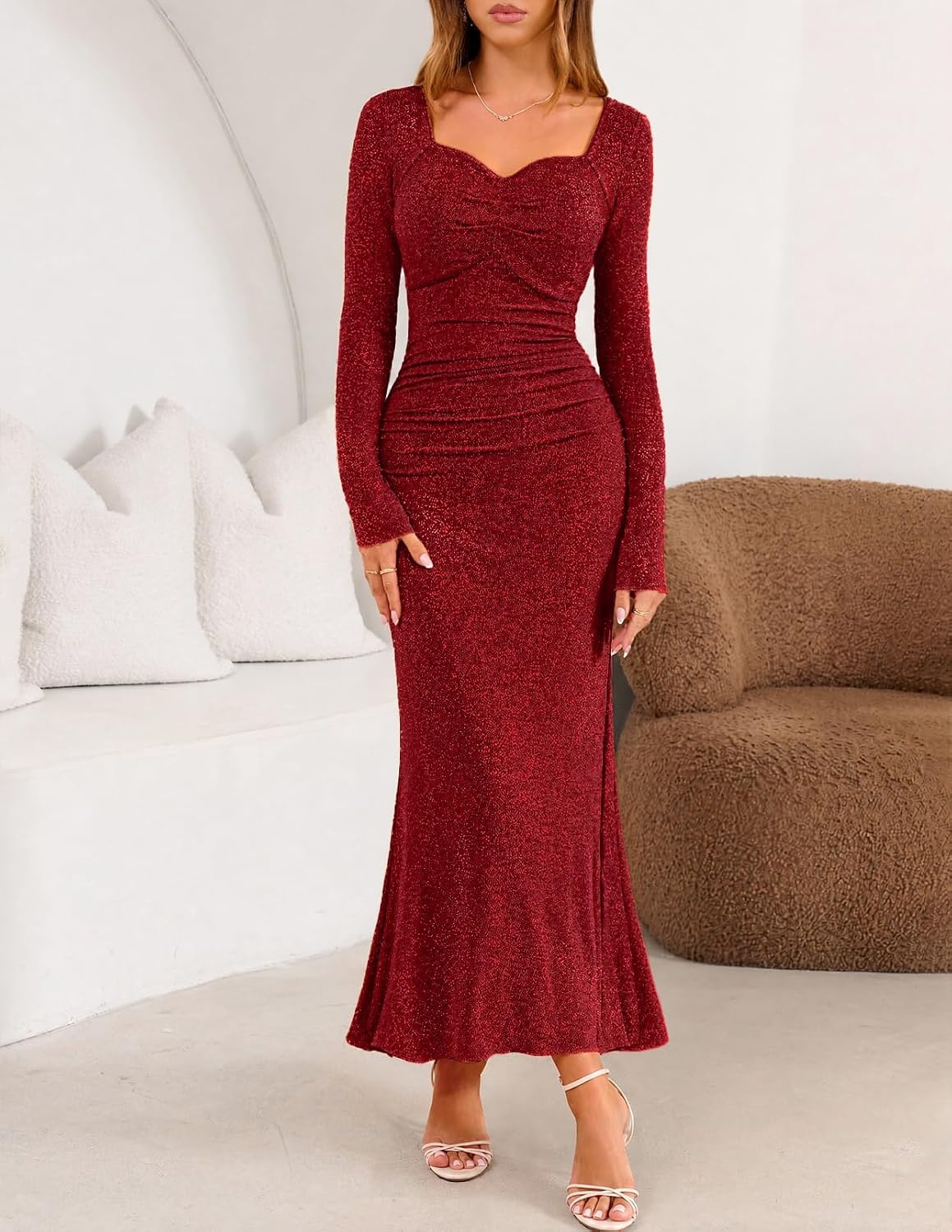 image:imageMEROKEETY Womens Fall Wedding Guest Long Sleeve Sparkly Bodycon Maxi Dress Long Sleeve Ruched Square Neck Fitted Mermaid Hem Glitter Cocktail Party Elegant Evening Gown Prom Long DressesWine