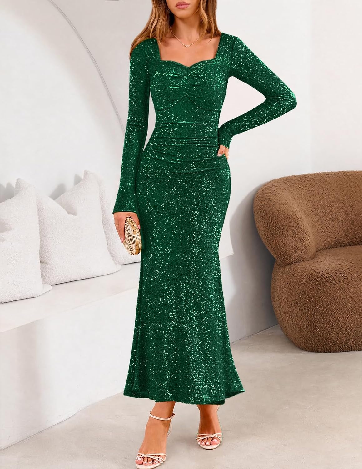 image:imageMEROKEETY Womens Fall Wedding Guest Long Sleeve Sparkly Bodycon Maxi Dress Long Sleeve Ruched Square Neck Fitted Mermaid Hem Glitter Cocktail Party Elegant Evening Gown Prom Long DressesDarkgreen