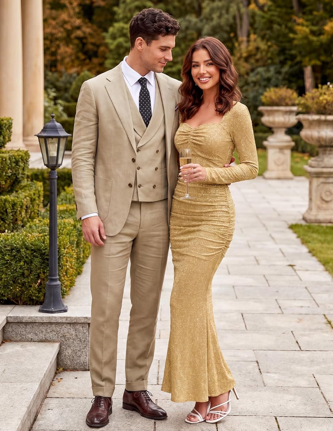 image:imageMEROKEETY Womens Fall Wedding Guest Long Sleeve Sparkly Bodycon Maxi Dress Long Sleeve Ruched Square Neck Fitted Mermaid Hem Glitter Cocktail Party Elegant Evening Gown Prom Long DressesGold