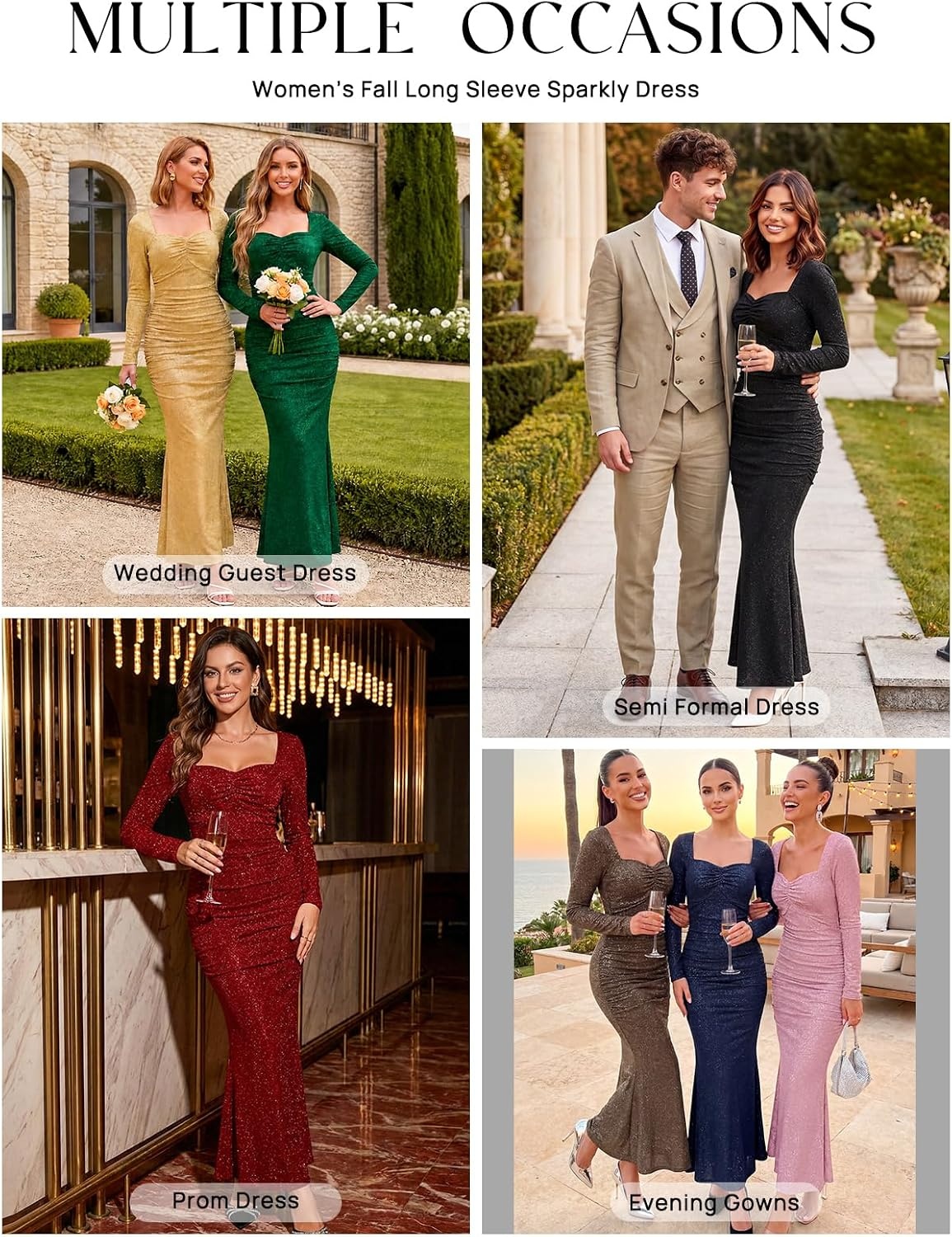image:imageMEROKEETY Womens Fall Wedding Guest Long Sleeve Sparkly Bodycon Maxi Dress Long Sleeve Ruched Square Neck Fitted Mermaid Hem Glitter Cocktail Party Elegant Evening Gown Prom Long DressesNavy