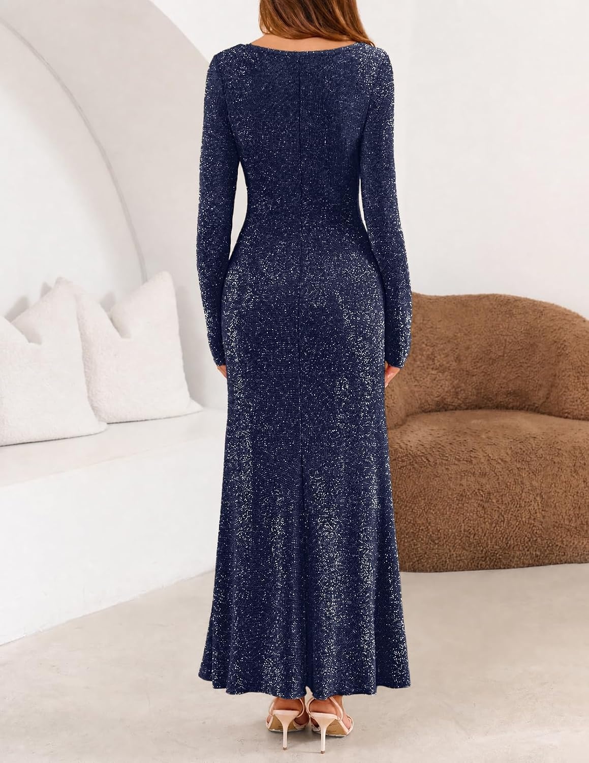 image:imageMEROKEETY Womens Fall Wedding Guest Long Sleeve Sparkly Bodycon Maxi Dress Long Sleeve Ruched Square Neck Fitted Mermaid Hem Glitter Cocktail Party Elegant Evening Gown Prom Long DressesNavy