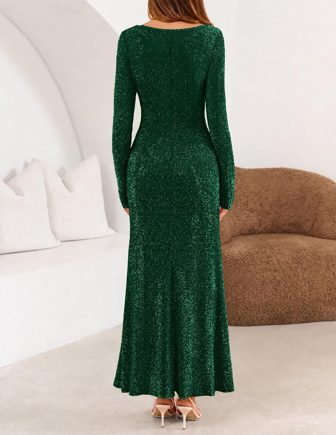 image:imageMEROKEETY Womens Fall Wedding Guest Long Sleeve Sparkly Bodycon Maxi Dress Long Sleeve Ruched Square Neck Fitted Mermaid Hem Glitter Cocktail Party Elegant Evening Gown Prom Long DressesDarkgreen