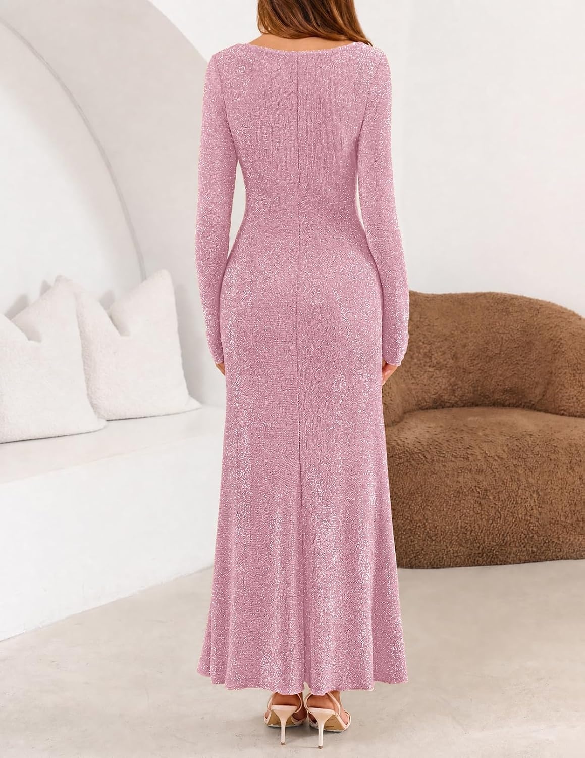 image:imageMEROKEETY Womens Fall Wedding Guest Long Sleeve Sparkly Bodycon Maxi Dress Long Sleeve Ruched Square Neck Fitted Mermaid Hem Glitter Cocktail Party Elegant Evening Gown Prom Long DressesPink