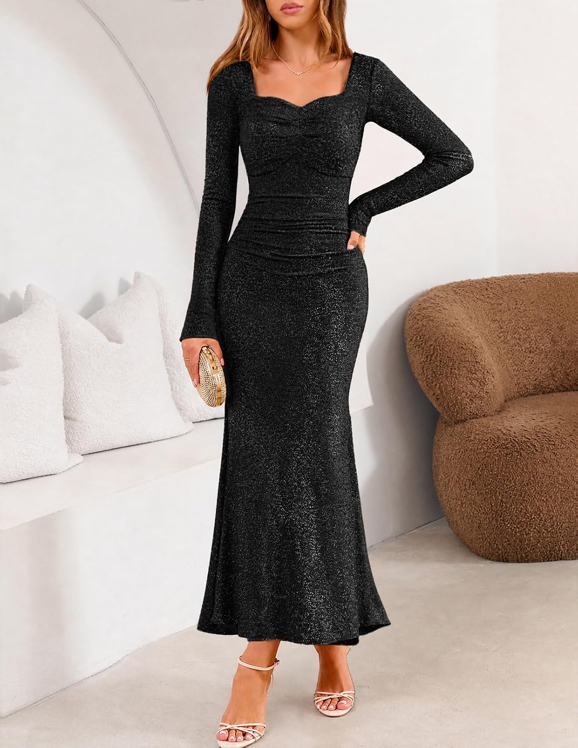 image:imageMEROKEETY Womens Fall Wedding Guest Long Sleeve Sparkly Bodycon Maxi Dress Long Sleeve Ruched Square Neck Fitted Mermaid Hem Glitter Cocktail Party Elegant Evening Gown Prom Long DressesBlack