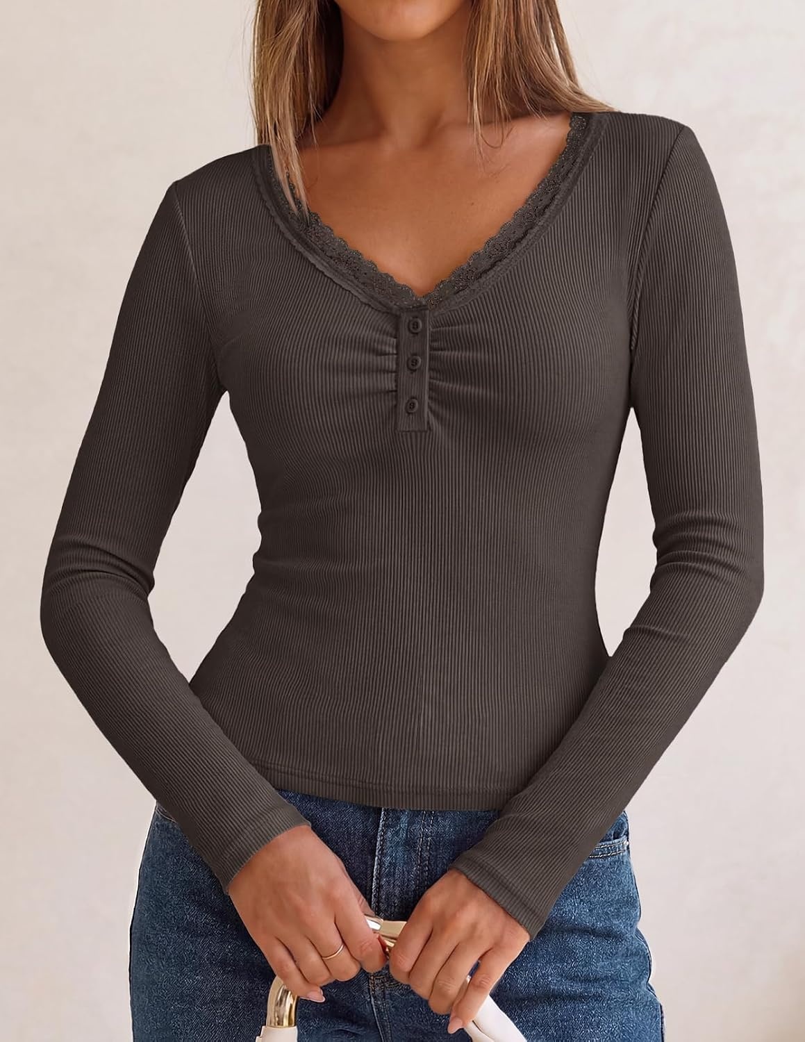 image:imageMEROKEETY Womens Lace Trim V Neck Cute Tops Long Sleeve Henley Shirt Ribbed Knit Shirts Slim Fitted Button Down Going Out Y2k Tops Ruched Casual Outfits Fall Fashion Layering ClothingCoffee