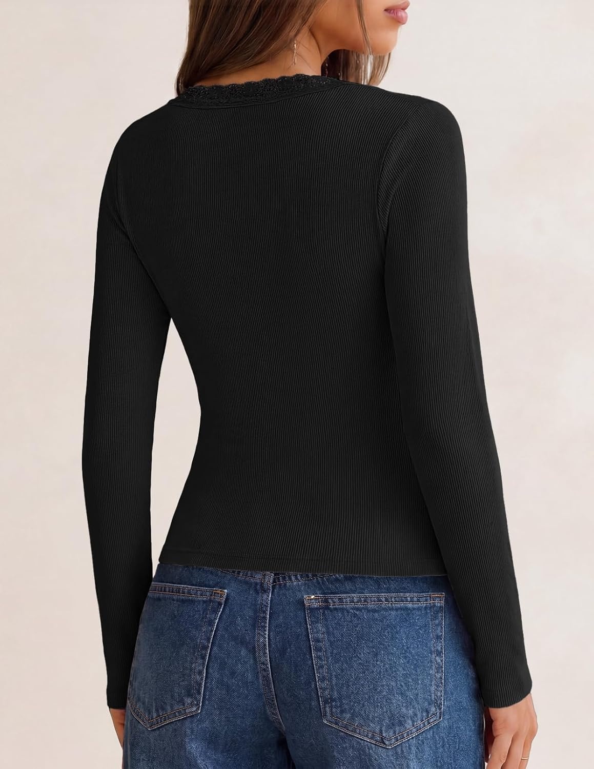 image:imageMEROKEETY Womens Lace Trim V Neck Cute Tops Long Sleeve Henley Shirt Ribbed Knit Shirts Slim Fitted Button Down Going Out Y2k Tops Ruched Casual Outfits Fall Fashion Layering ClothingBlack