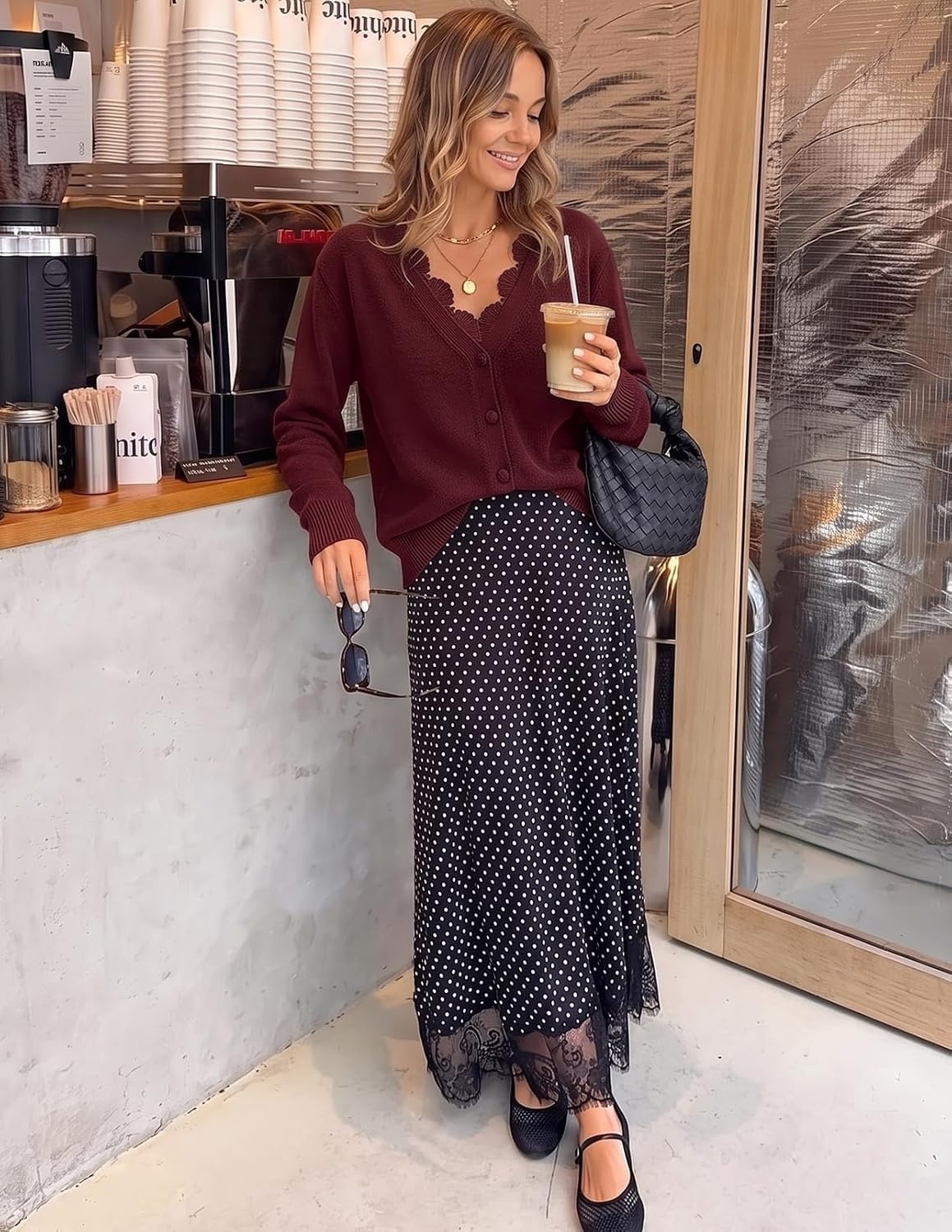 image:imageMEROKEETY Womens Lace V Neck Cardigan Sweaters Fall Trendy Fashion Clothes Long Sleeve Button Up Cozy Stretchy Lightweight Soft Knit Sweaters Elegant Dressy Outfits Business Casual Warm CoatsBurgundy