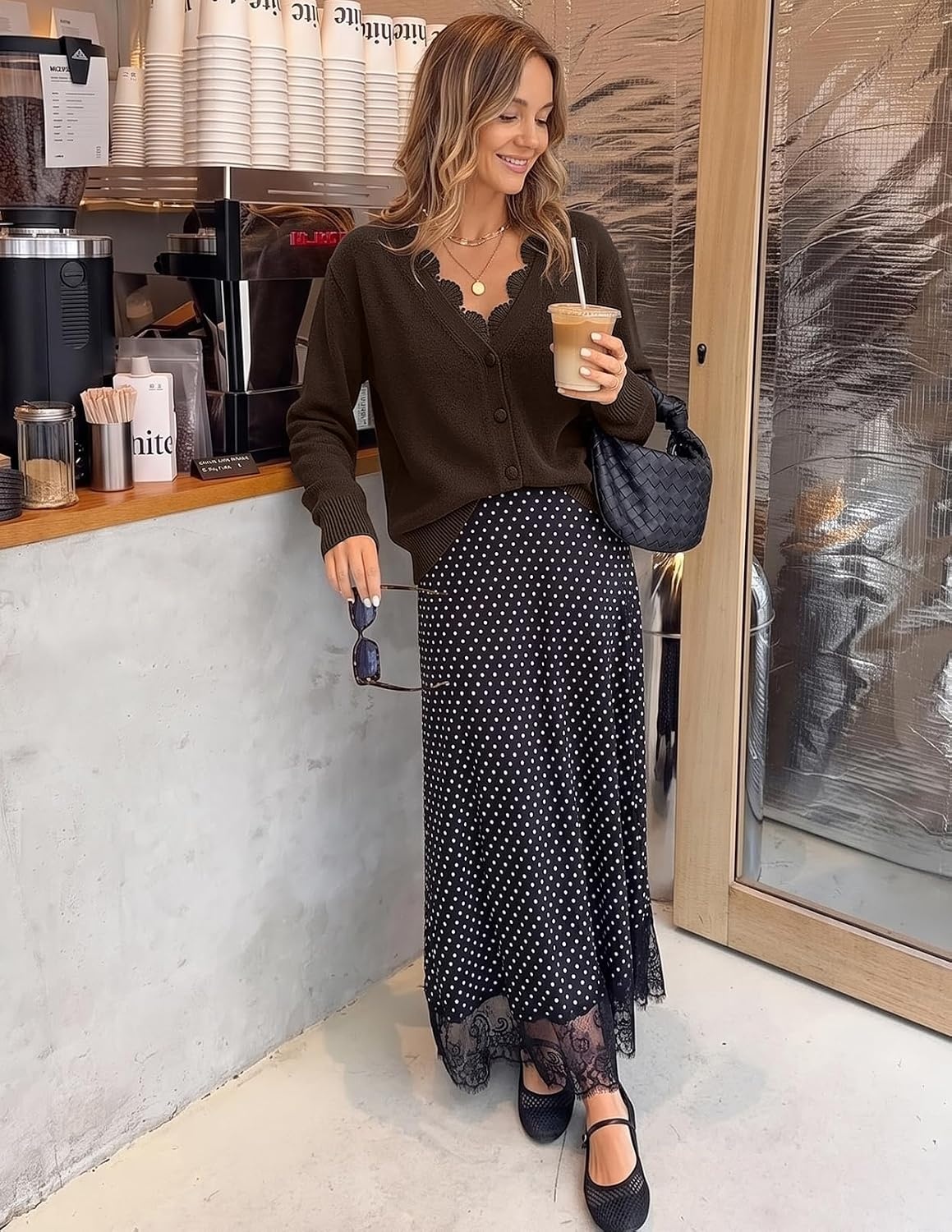 image:imageMEROKEETY Womens Lace V Neck Cardigan Sweaters Fall Trendy Fashion Clothes Long Sleeve Button Up Cozy Stretchy Lightweight Soft Knit Sweaters Elegant Dressy Outfits Business Casual Warm CoatsCoffee