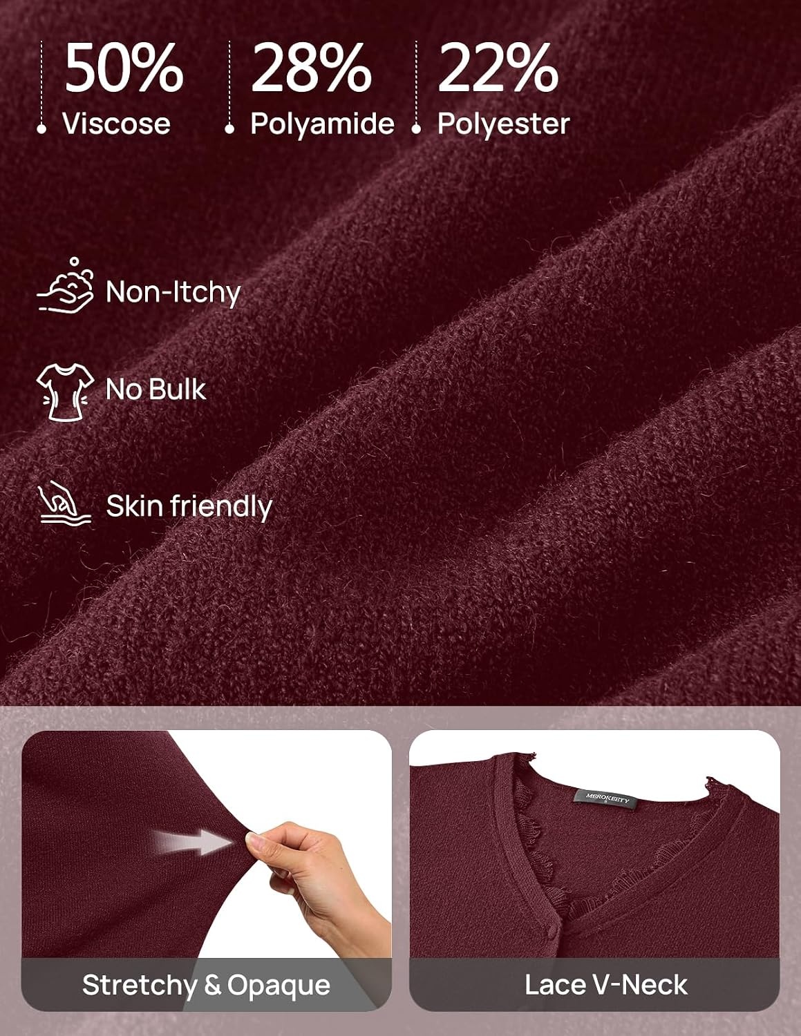 image:imageMEROKEETY Womens Lace V Neck Cardigan Sweaters Fall Trendy Fashion Clothes Long Sleeve Button Up Cozy Stretchy Lightweight Soft Knit Sweaters Elegant Dressy Outfits Business Casual Warm CoatsBurgundy