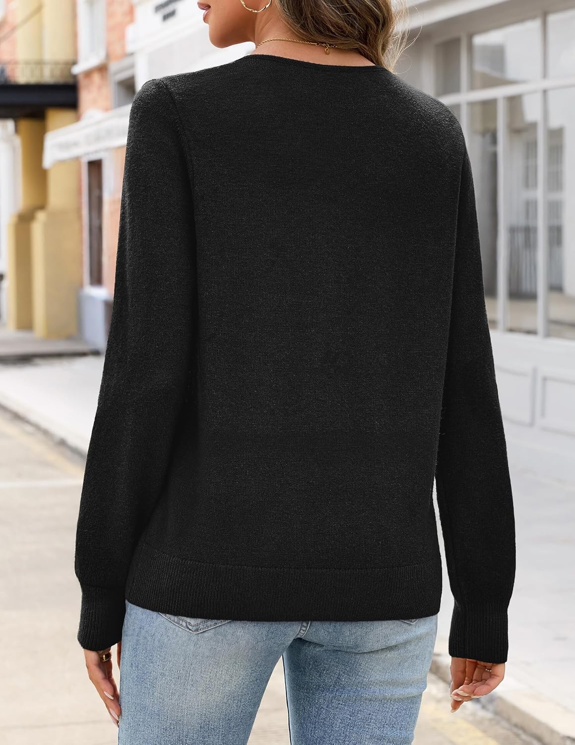 image:imageMEROKEETY Womens Lace V Neck Cardigan Sweaters Fall Trendy Fashion Clothes Long Sleeve Button Up Cozy Stretchy Lightweight Soft Knit Sweaters Elegant Dressy Outfits Business Casual Warm CoatsBlack