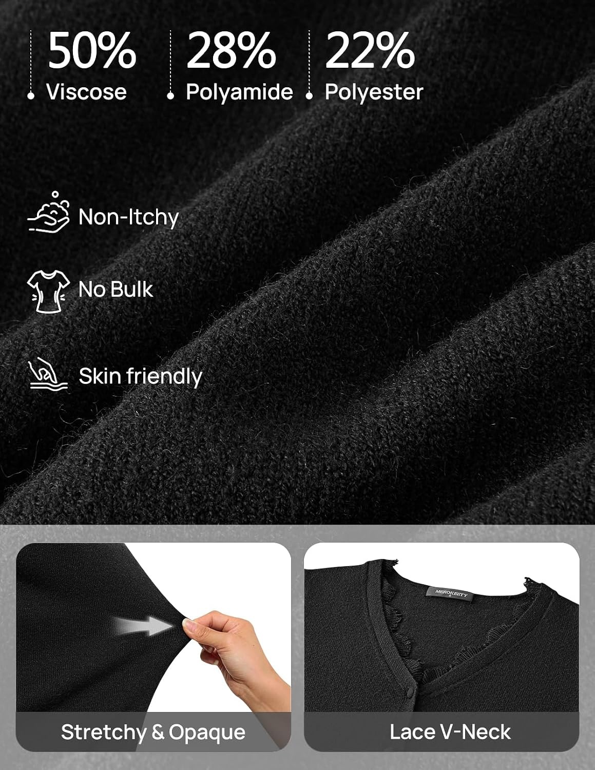 image:imageMEROKEETY Womens Lace V Neck Cardigan Sweaters Fall Trendy Fashion Clothes Long Sleeve Button Up Cozy Stretchy Lightweight Soft Knit Sweaters Elegant Dressy Outfits Business Casual Warm CoatsBlack