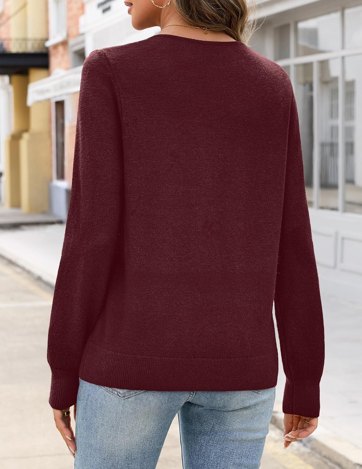 image:imageMEROKEETY Womens Lace V Neck Cardigan Sweaters Fall Trendy Fashion Clothes Long Sleeve Button Up Cozy Stretchy Lightweight Soft Knit Sweaters Elegant Dressy Outfits Business Casual Warm CoatsBurgundy