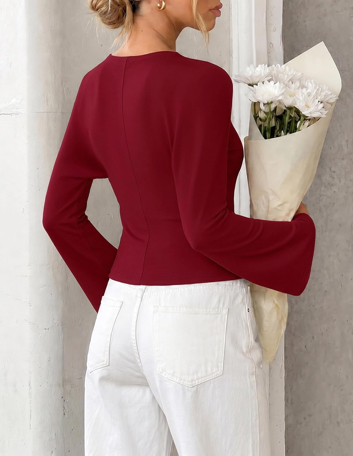 image:imageMEROKEETY Womens Long Bell Sleeve Tops Fall 2026 Cute Going Out Y2K Shirts Elegant Crew Neck Shirt Cotton Ruched Side Crop Blouse Trendy Fashion Business Casual Work Date Night Western ClothesWine