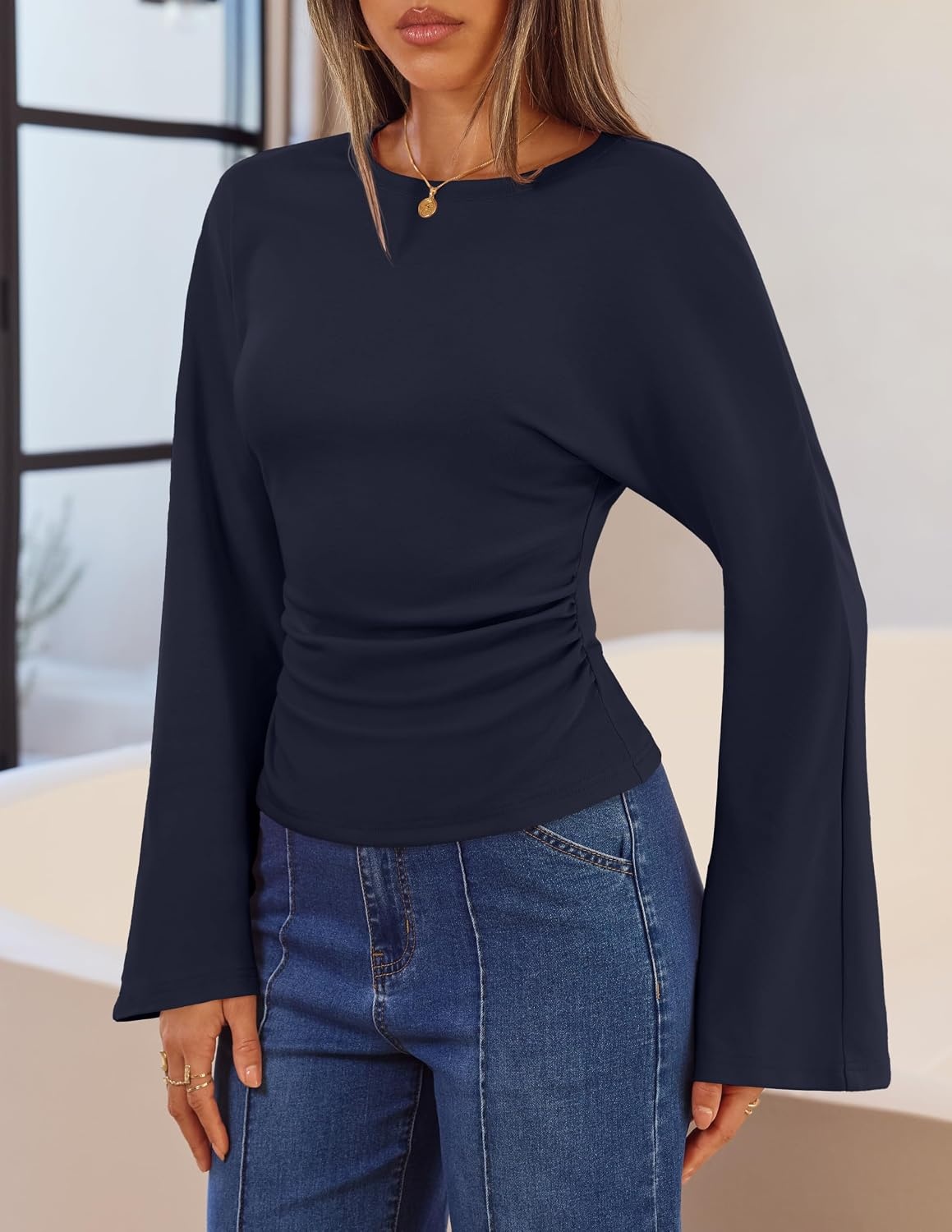 image:imageMEROKEETY Womens Long Bell Sleeve Tops Fall 2026 Cute Going Out Y2K Shirts Elegant Crew Neck Shirt Cotton Ruched Side Crop Blouse Trendy Fashion Business Casual Work Date Night Western ClothesNavy