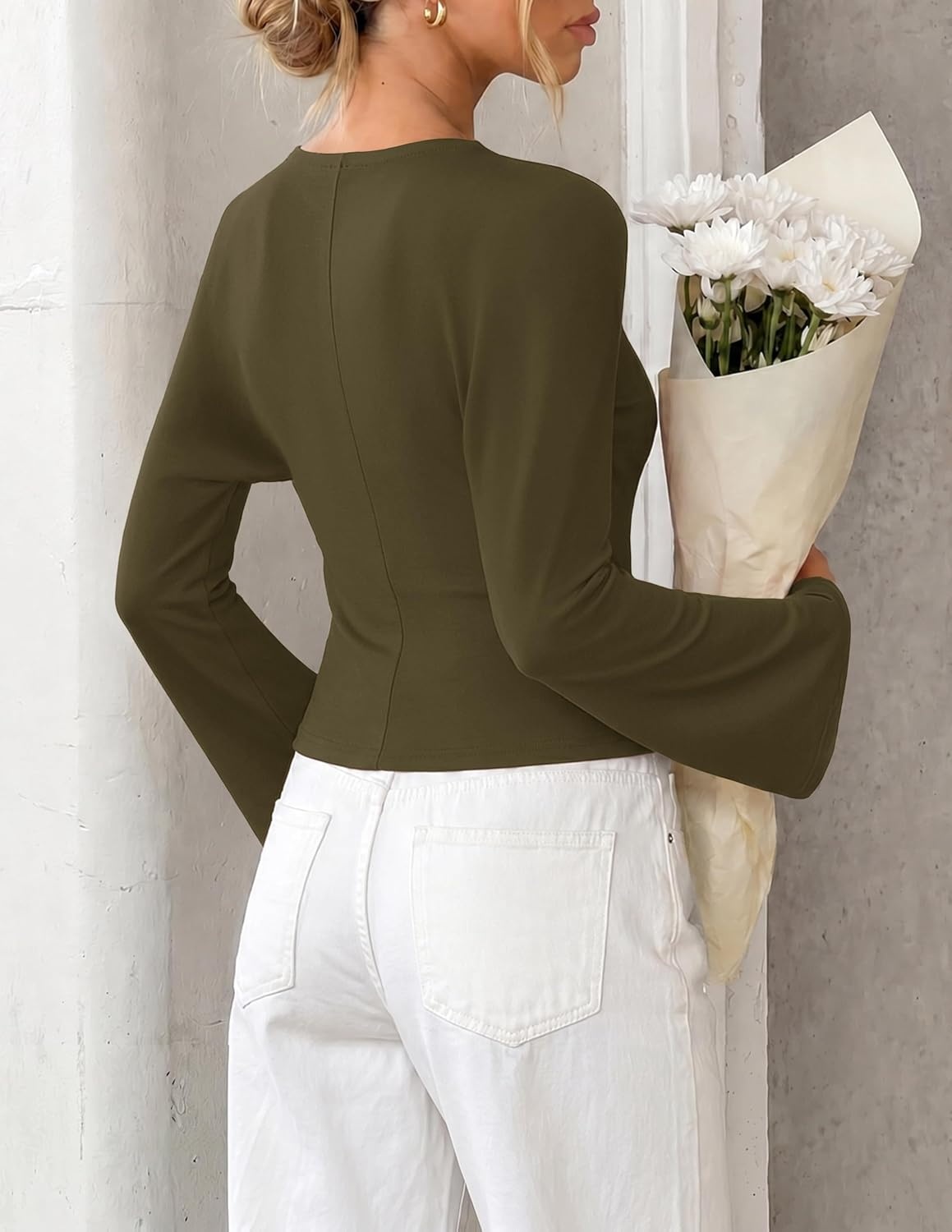 image:imageMEROKEETY Womens Long Bell Sleeve Tops Fall 2026 Cute Going Out Y2K Shirts Elegant Crew Neck Shirt Cotton Ruched Side Crop Blouse Trendy Fashion Business Casual Work Date Night Western ClothesArmygreen