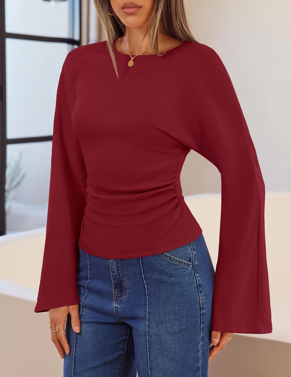 image:imageMEROKEETY Womens Long Bell Sleeve Tops Fall 2026 Cute Going Out Y2K Shirts Elegant Crew Neck Shirt Cotton Ruched Side Crop Blouse Trendy Fashion Business Casual Work Date Night Western ClothesWine