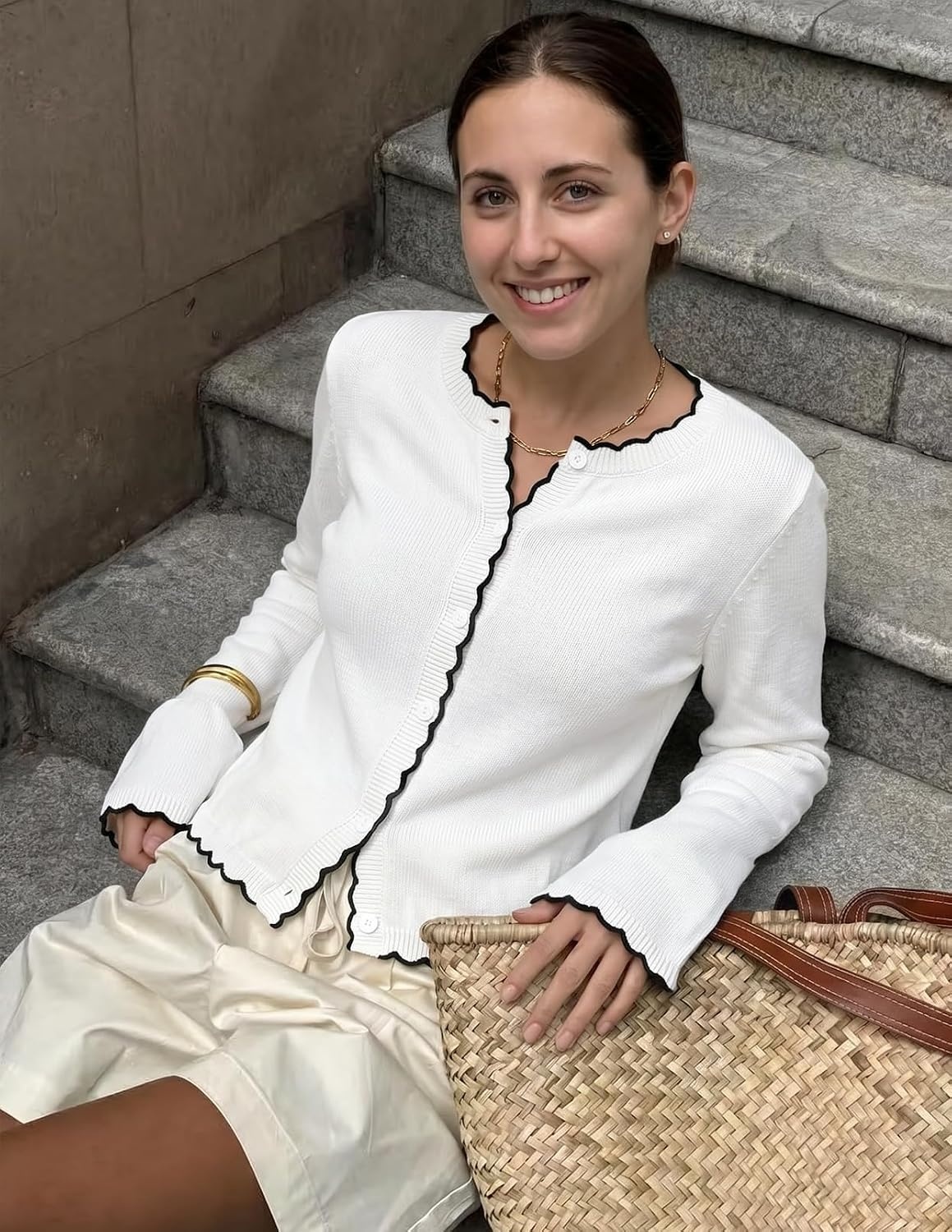 image:imageMEROKEETY Womens Long Sleeve Button Down Cardigan Sweater 2026 Fall Trendy Open Front Crew Neck Soft Knitted Sweaters CoatWhite
