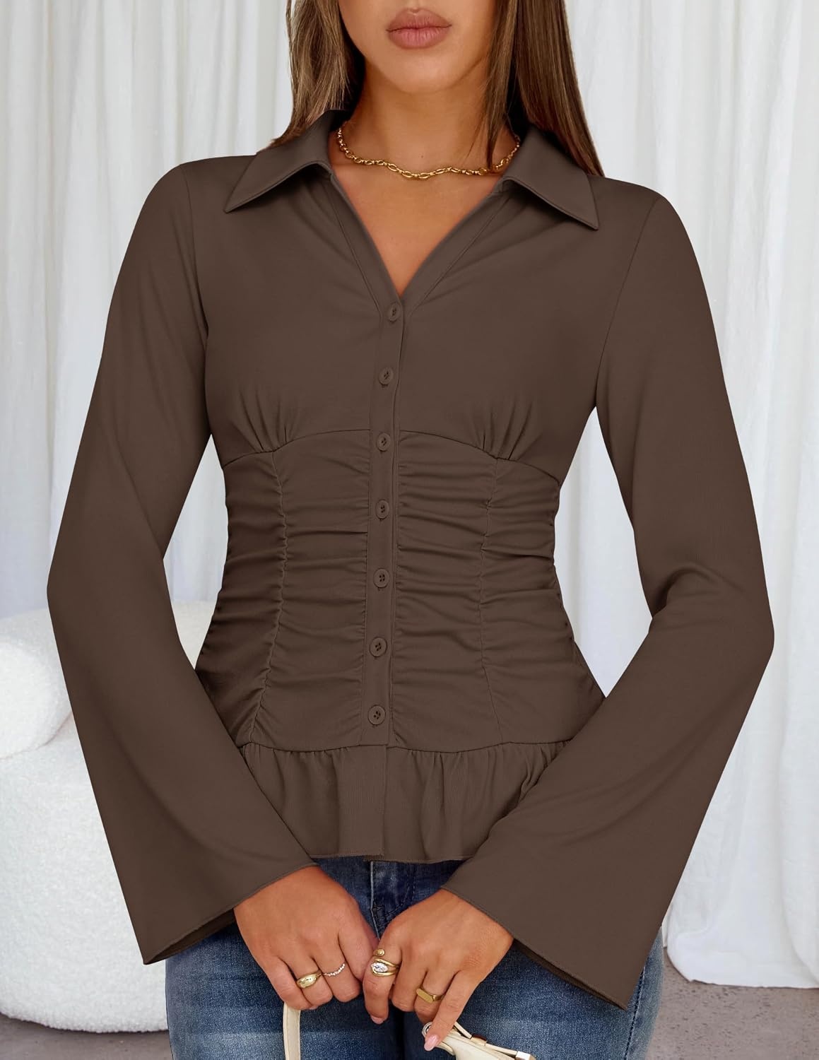 image:imageMEROKEETY Womens Long Sleeve Button Down Shirts 2026 Fall Collared Ruched V Neck Business Casual Tops Ruffle Knit BlousesBrown