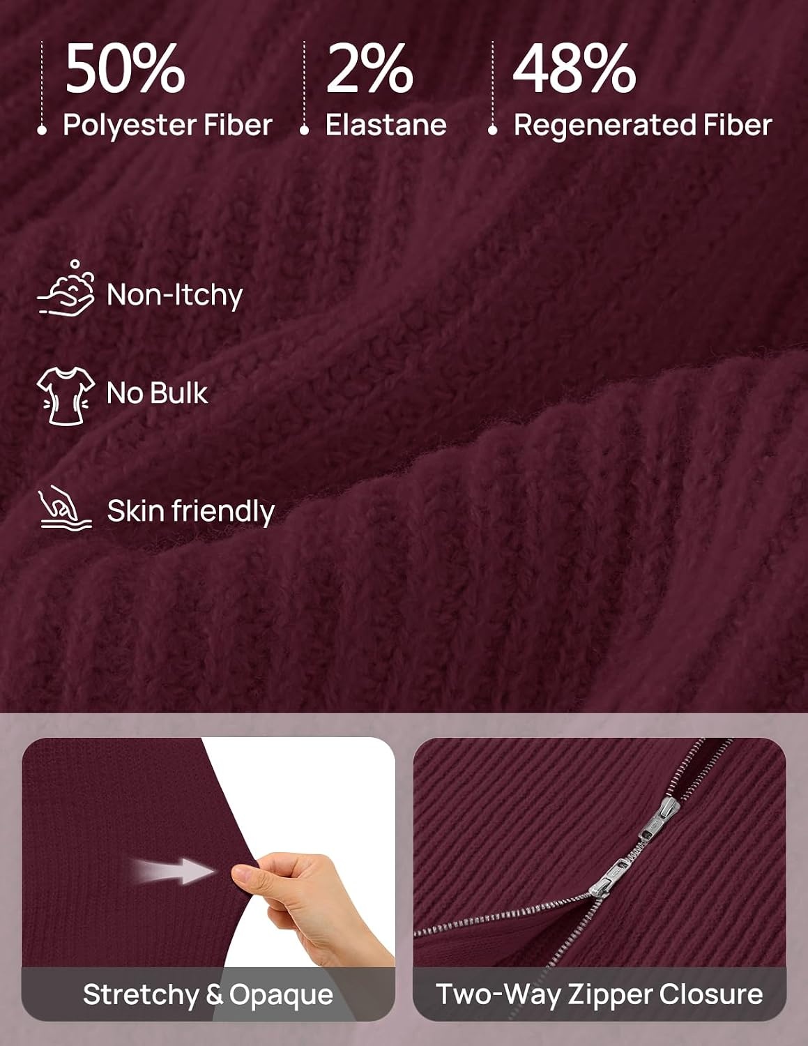 image:imageMEROKEETY Womens Long Sleeve Chunky Knit Mock Neck Cardigan Sweaters 2026 Zip Up Ribbed Tops Open Front Jackets Coats Drop Shoulder Outerwear Trendy Outfits Fall Fashion Warm Winter ClothingBurgundy