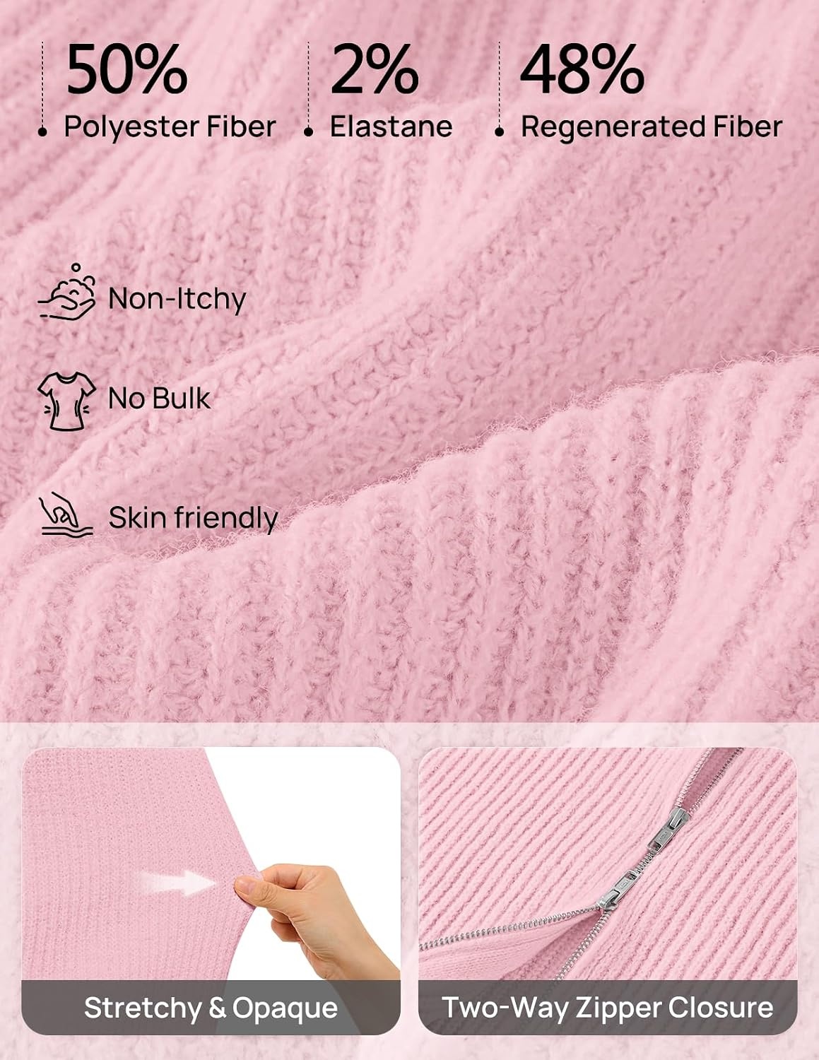 image:imageMEROKEETY Womens Long Sleeve Chunky Knit Mock Neck Cardigan Sweaters 2026 Zip Up Ribbed Tops Open Front Jackets Coats Drop Shoulder Outerwear Trendy Outfits Fall Fashion Warm Winter ClothingPink
