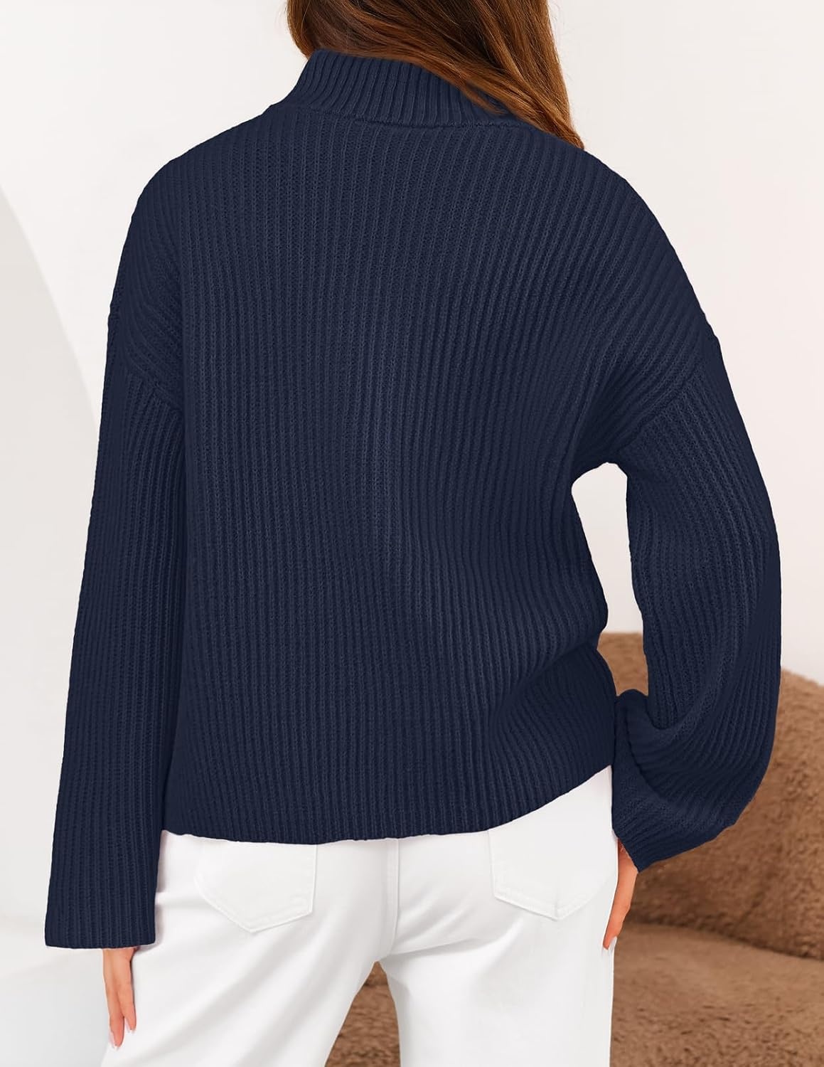 image:imageMEROKEETY Womens Long Sleeve Chunky Knit Mock Neck Cardigan Sweaters 2026 Zip Up Ribbed Tops Open Front Jackets Coats Drop Shoulder Outerwear Trendy Outfits Fall Fashion Warm Winter ClothingNavy