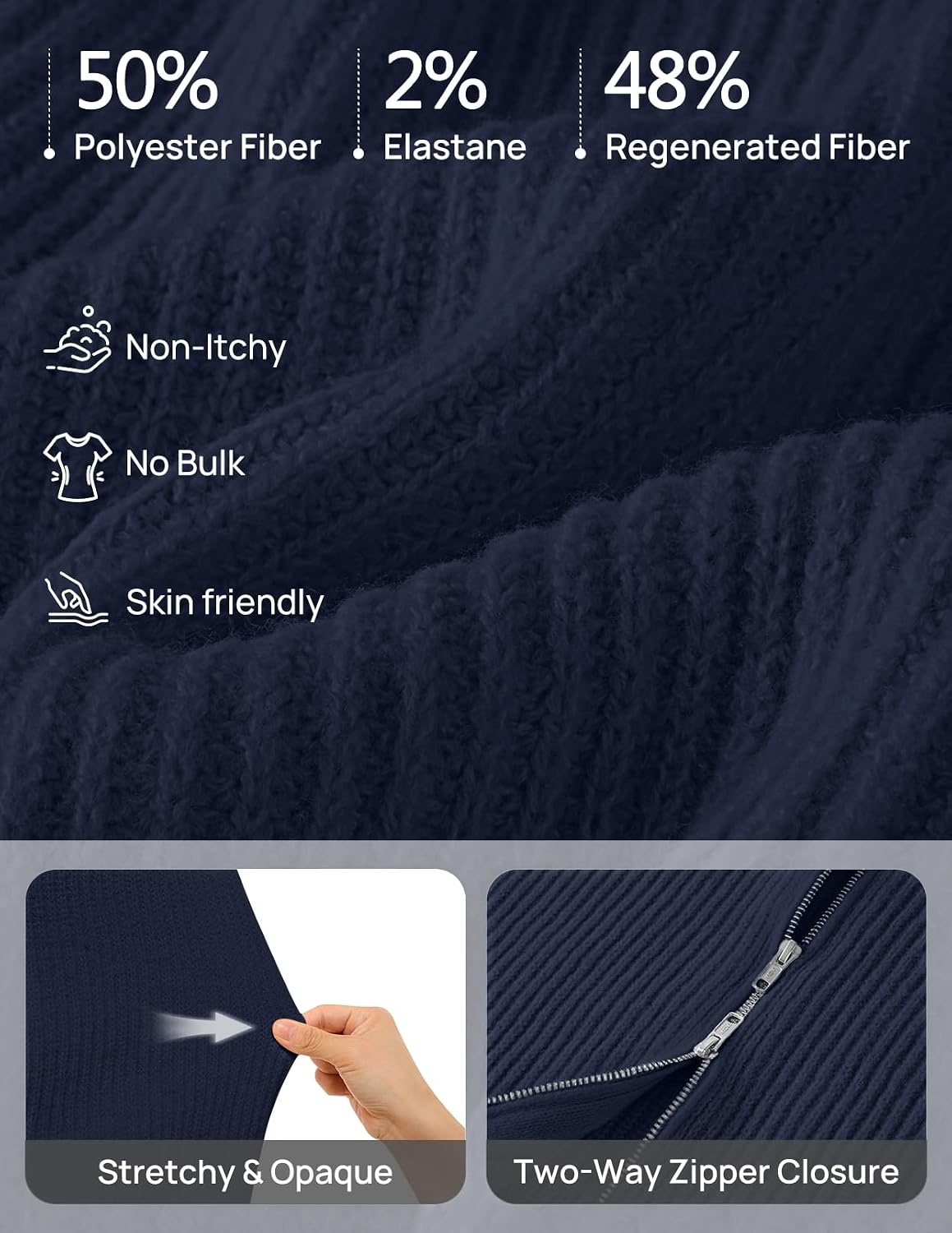 image:imageMEROKEETY Womens Long Sleeve Chunky Knit Mock Neck Cardigan Sweaters 2026 Zip Up Ribbed Tops Open Front Jackets Coats Drop Shoulder Outerwear Trendy Outfits Fall Fashion Warm Winter ClothingNavy