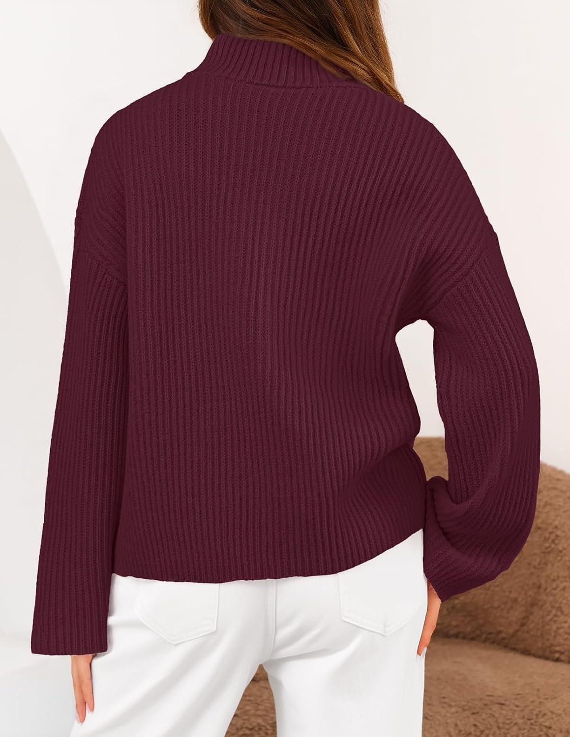 image:imageMEROKEETY Womens Long Sleeve Chunky Knit Mock Neck Cardigan Sweaters 2026 Zip Up Ribbed Tops Open Front Jackets Coats Drop Shoulder Outerwear Trendy Outfits Fall Fashion Warm Winter ClothingBurgundy