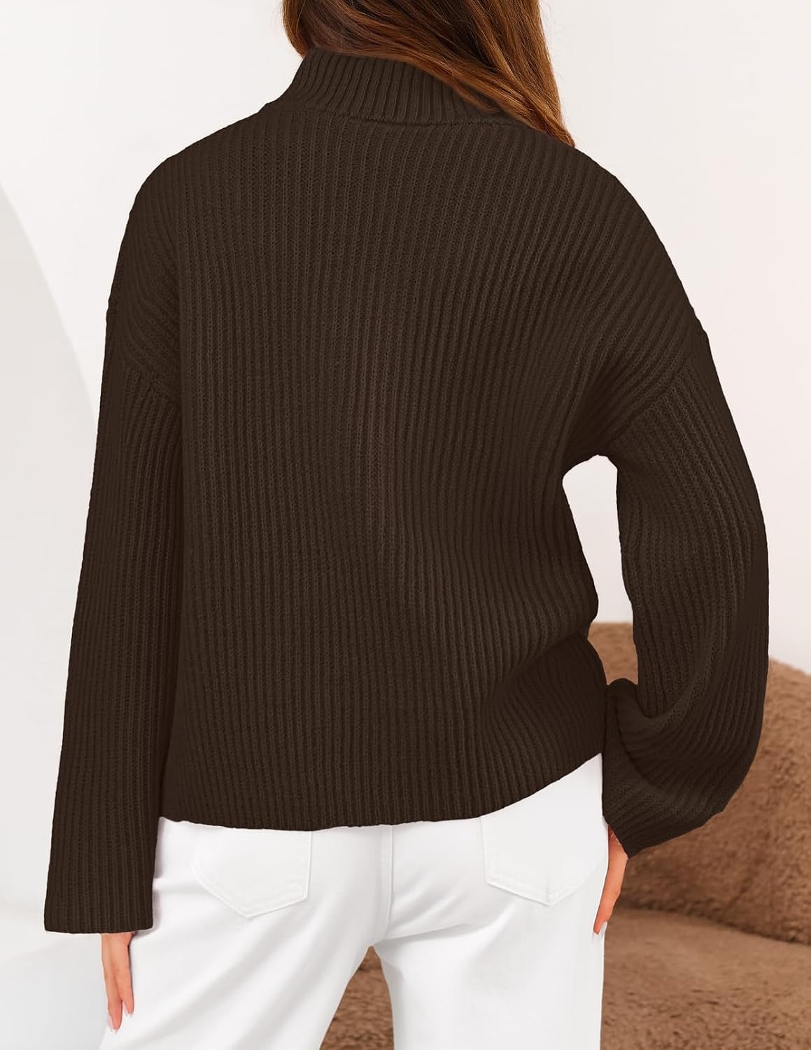 image:imageMEROKEETY Womens Long Sleeve Chunky Knit Mock Neck Cardigan Sweaters 2026 Zip Up Ribbed Tops Open Front Jackets Coats Drop Shoulder Outerwear Trendy Outfits Fall Fashion Warm Winter ClothingCoffee